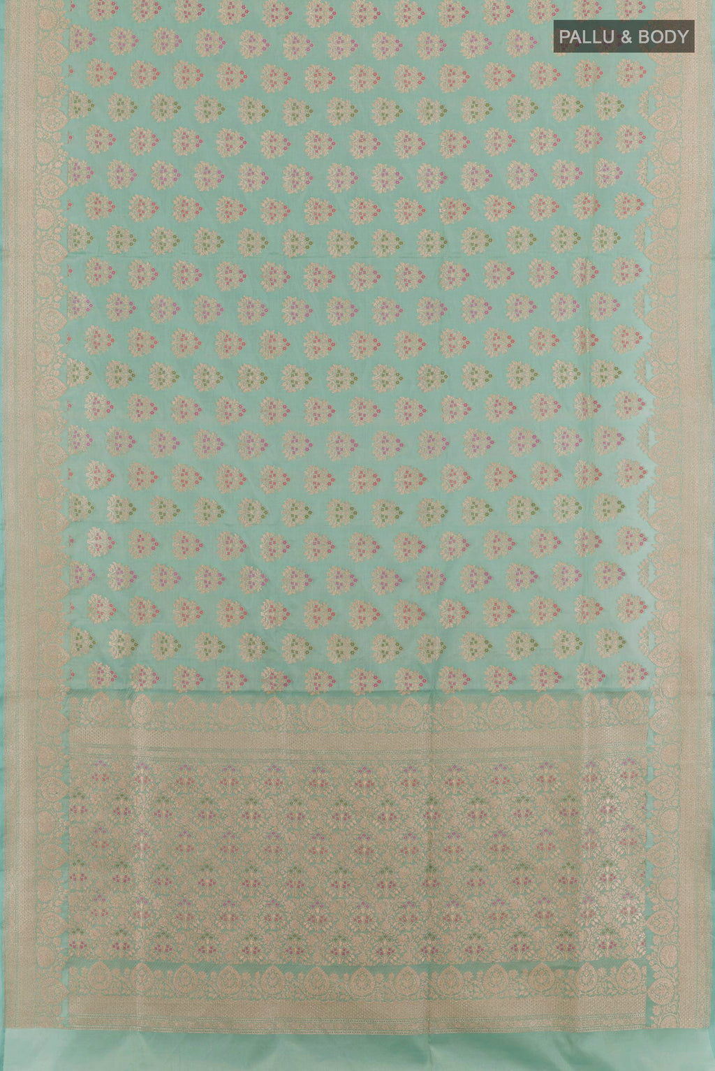 Flat view of Blue Banarasi Silk Saree with Zari Brocade on the body and Zari Border. 