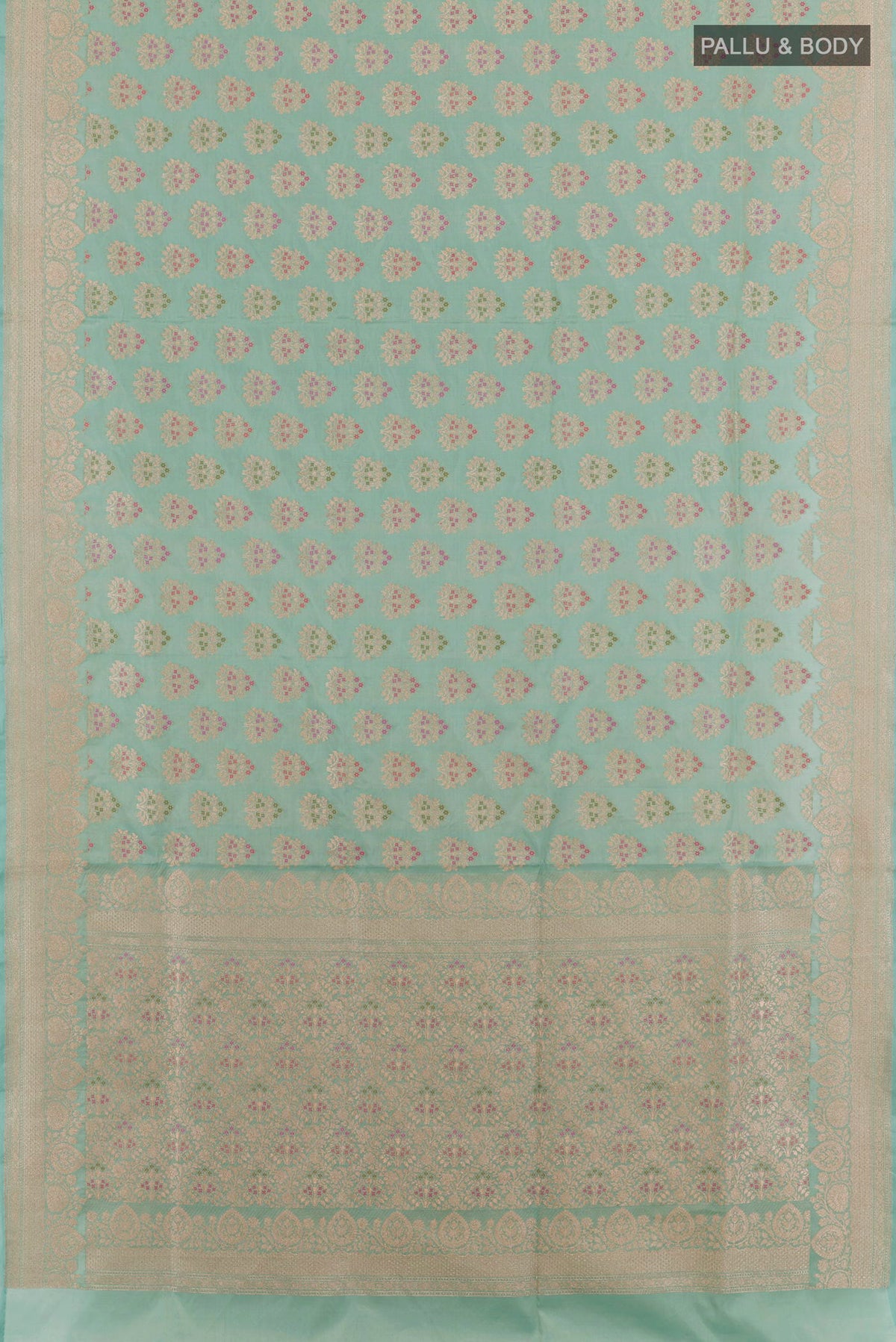 Flat view of Blue Banarasi Silk Saree with Zari Brocade on the body and Zari Border. 