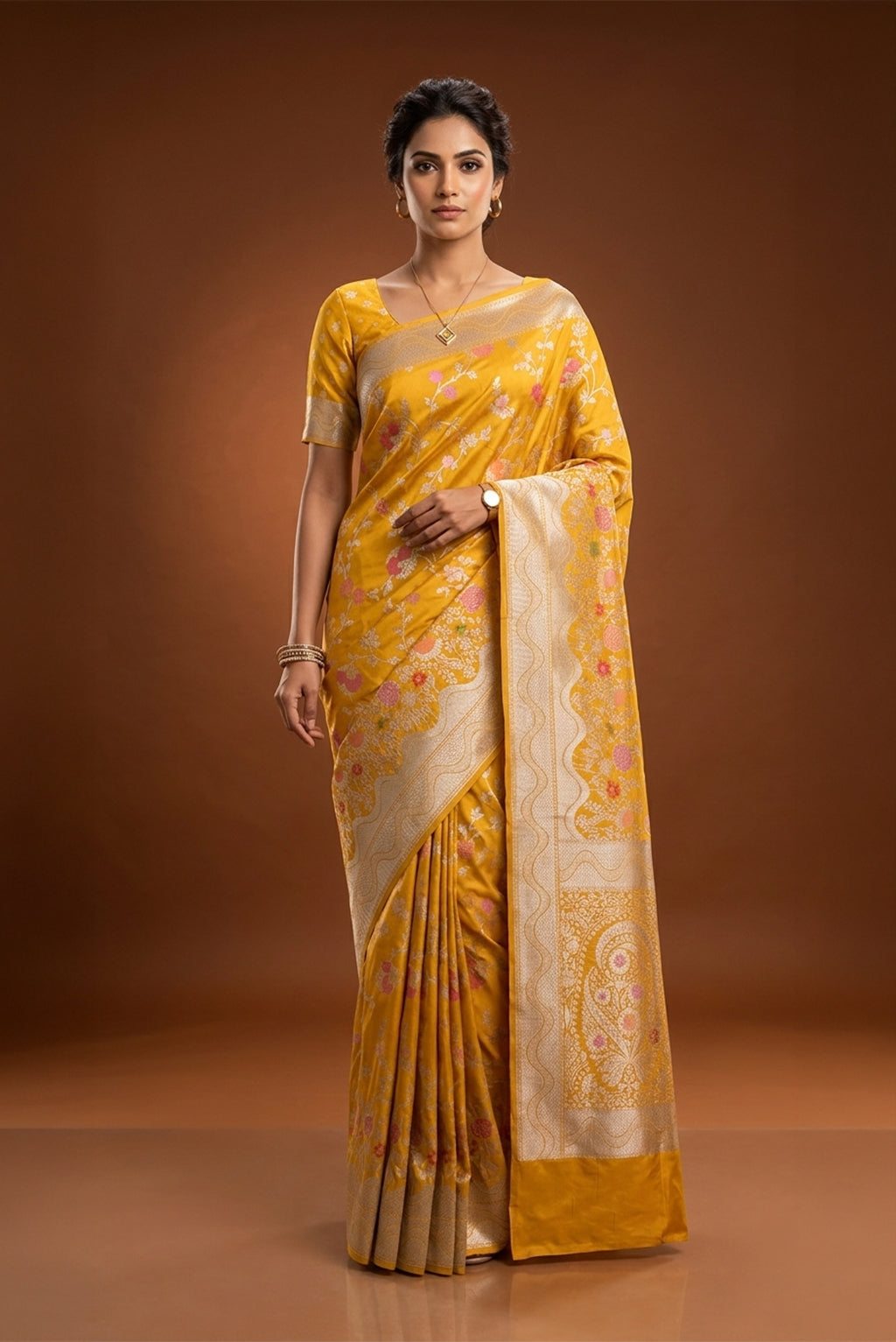 Model wearing a Mustard Banarasi Silk Saree with Zari Butta on the body and Zari Border.