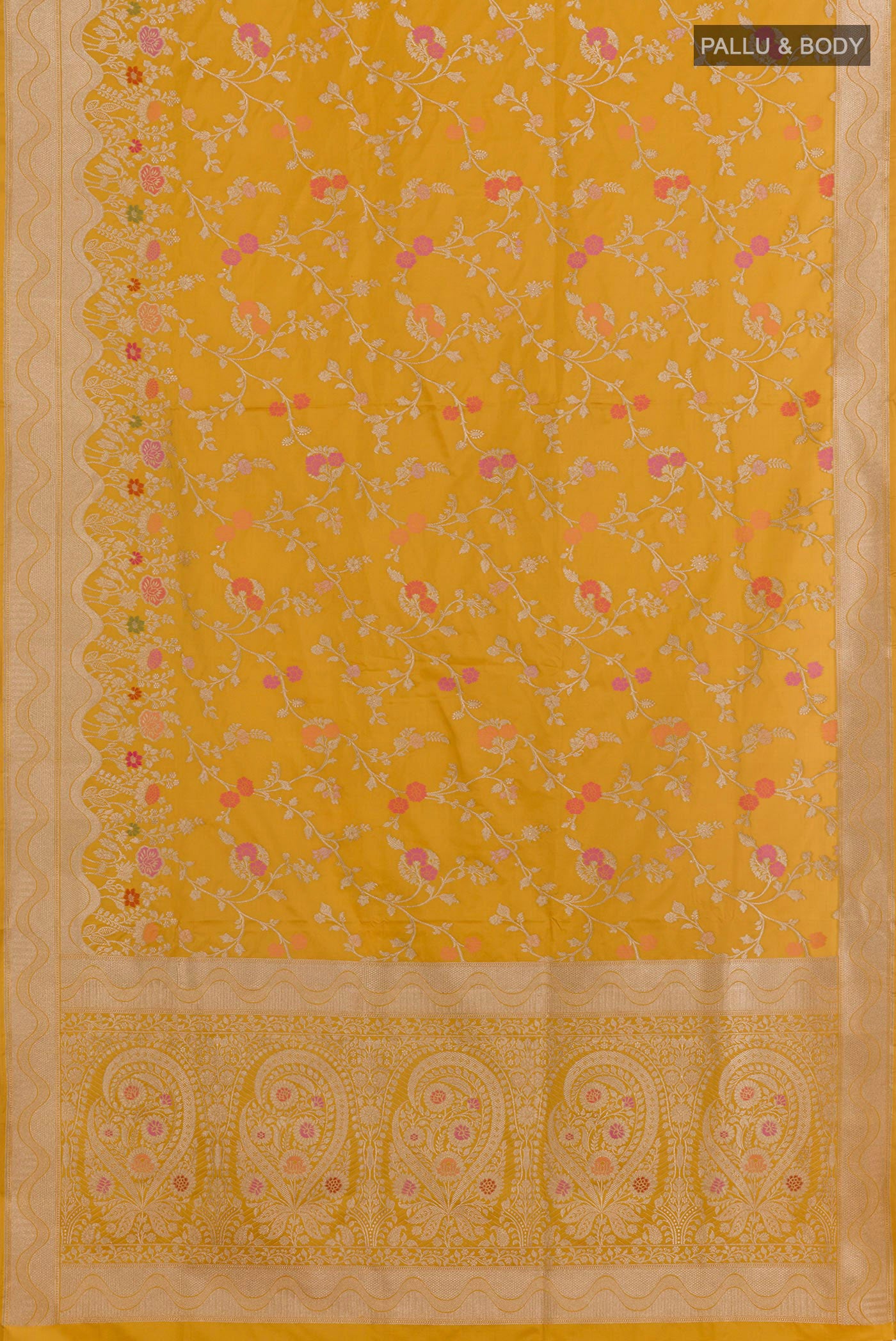 Flat view of Yellow Banarasi Silk Saree with Zari Brocade on the body and Zari Border. 