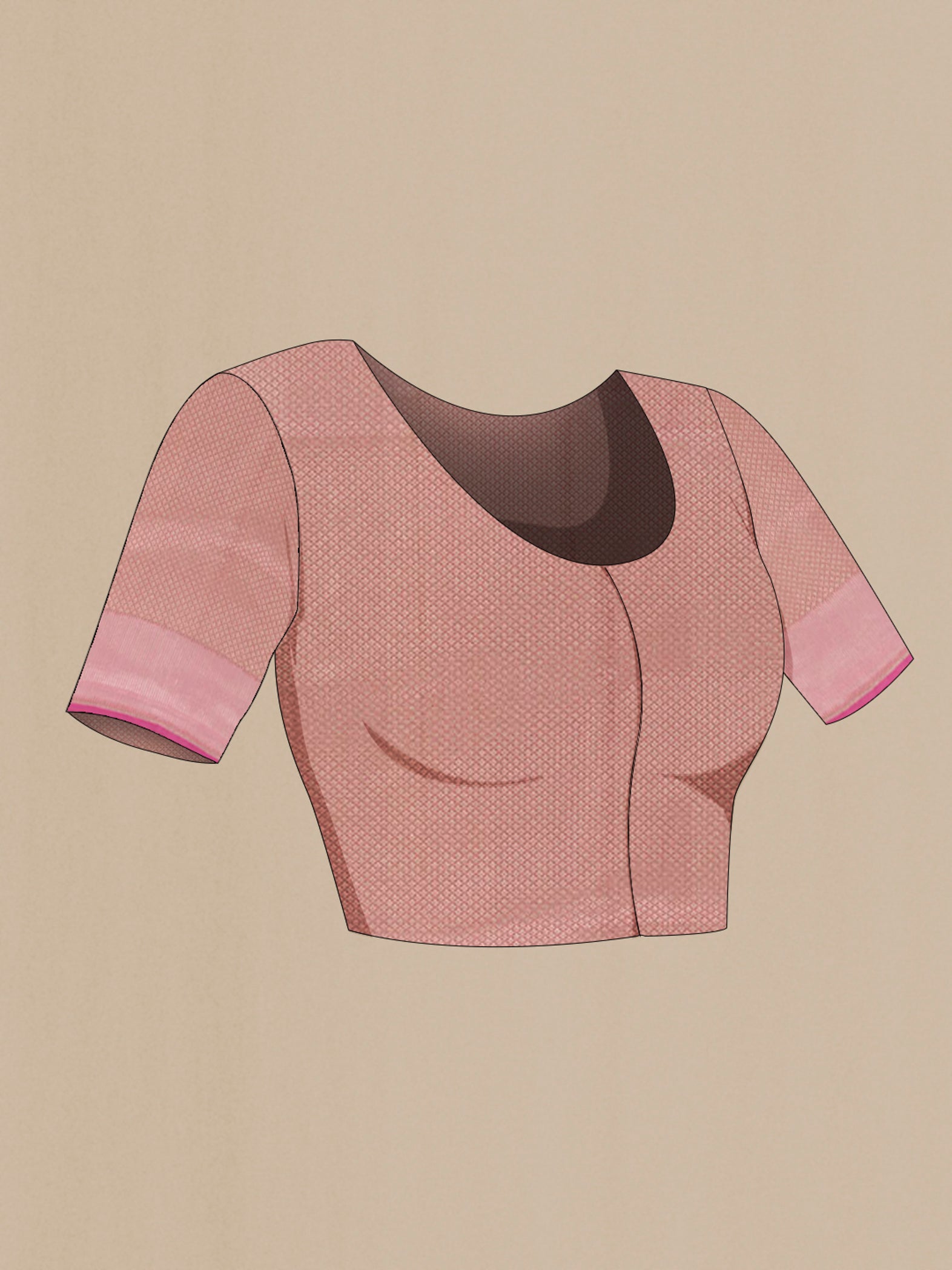 Close up image of the blouse of Pink Banarasi Silk Saree with Zari Brocade on the body and Zari Border. 