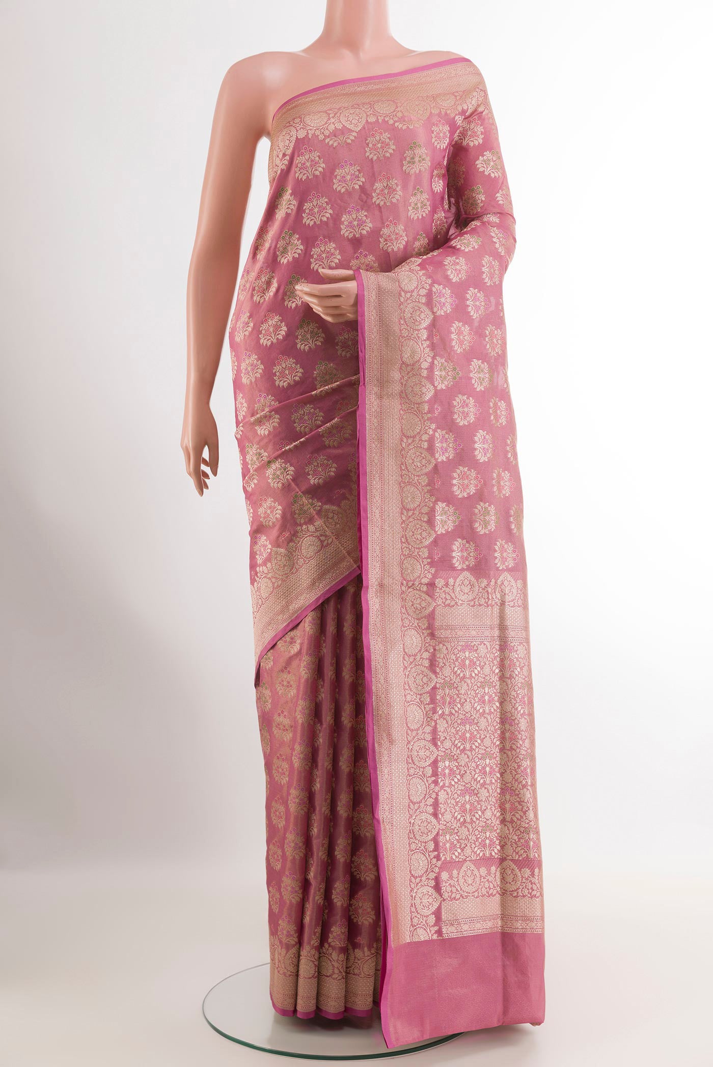 Pink Banarasi Silk Saree with Zari Brocade on the body and Zari Border.  displayed on a mannequin