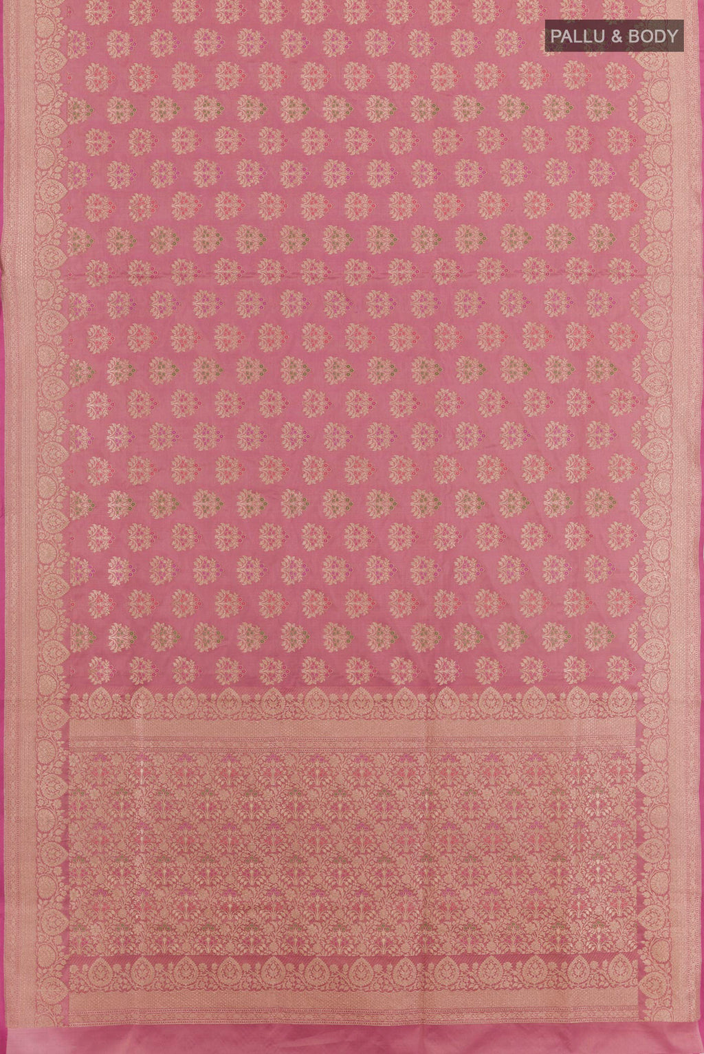 Flat view of Pink Banarasi Silk Saree with Zari Brocade on the body and Zari Border. 