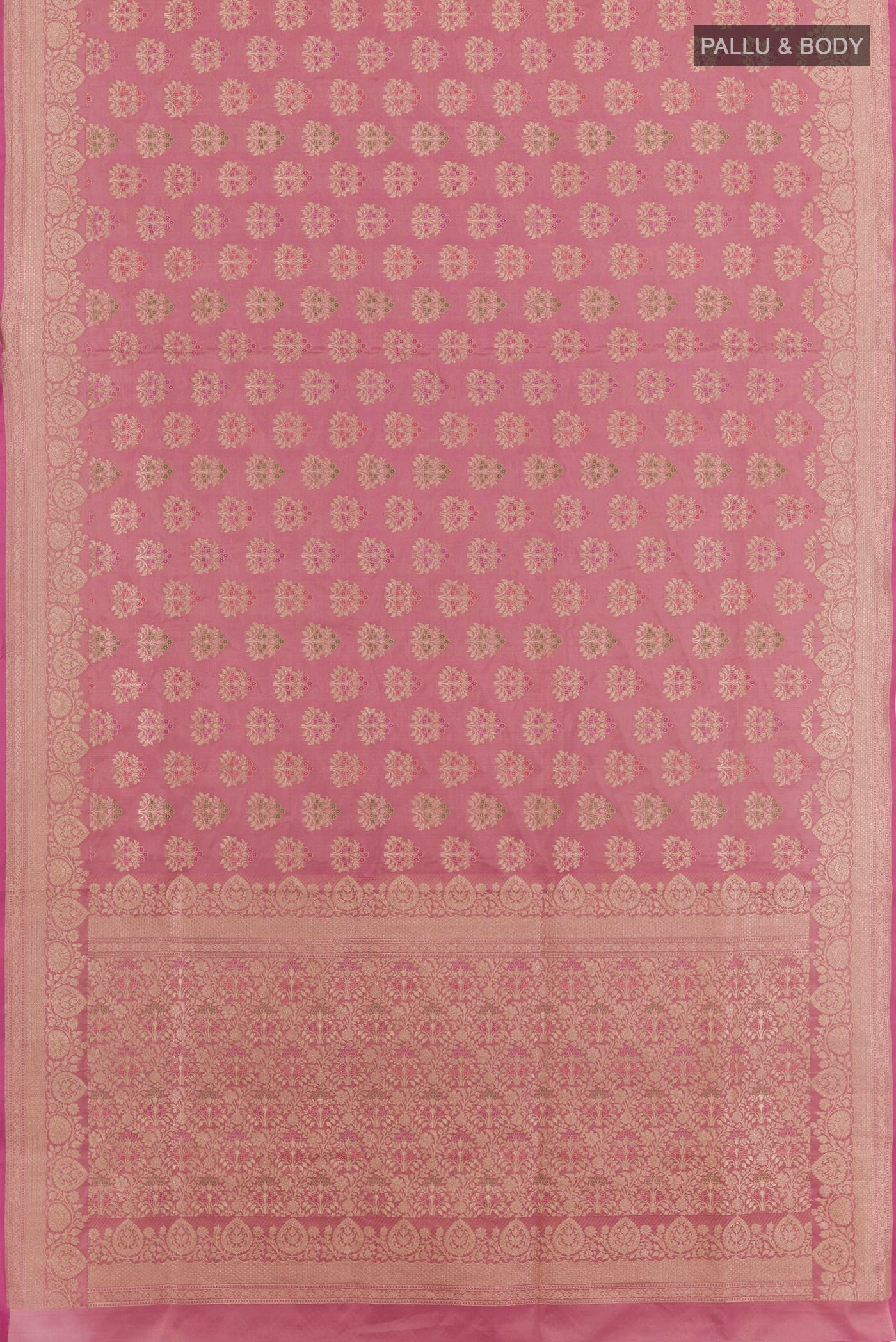 Flat view of Pink Banarasi Silk Saree with Zari Brocade on the body and Zari Border. 