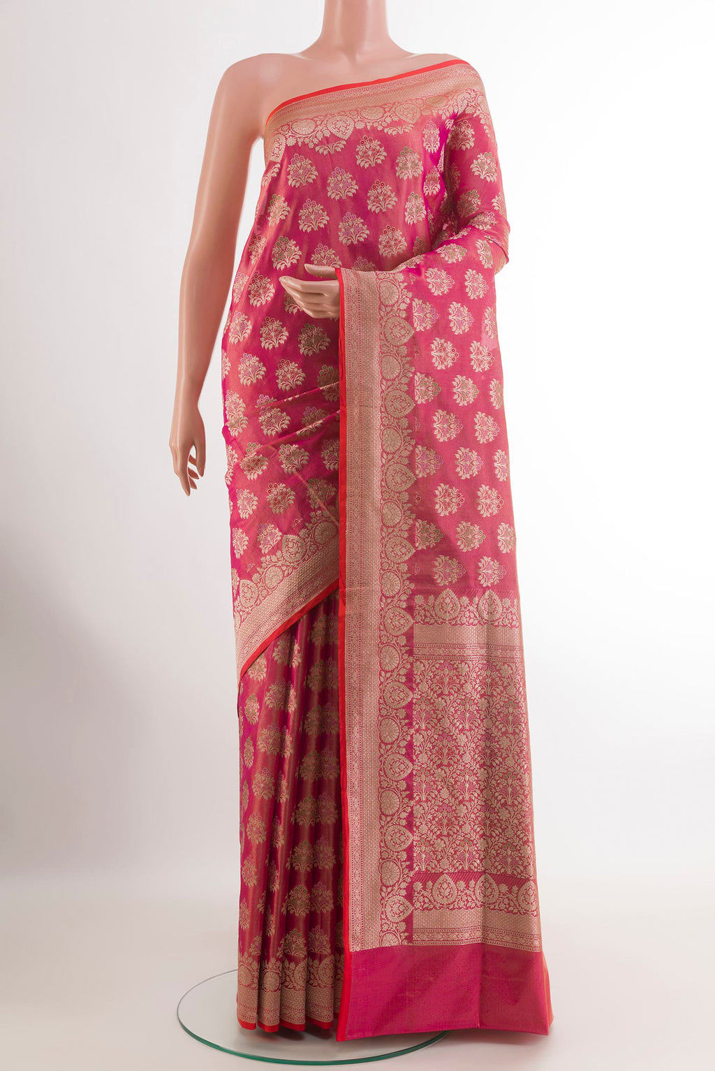 Pink Banarasi Silk Saree with Zari Brocade on the body and Zari Border.  displayed on a mannequin