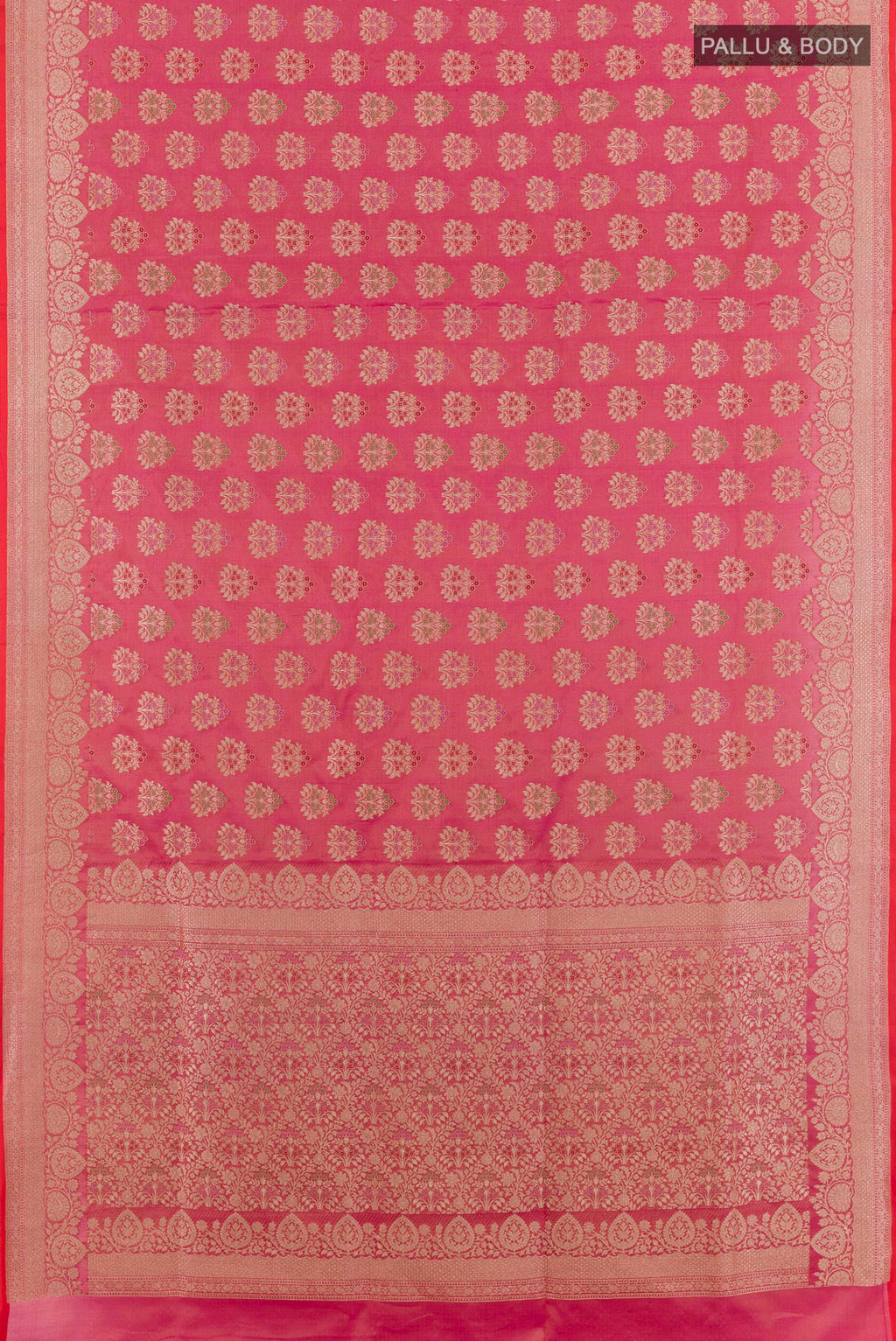 Flat view of Pink Banarasi Silk Saree with Zari Brocade on the body and Zari Border. 