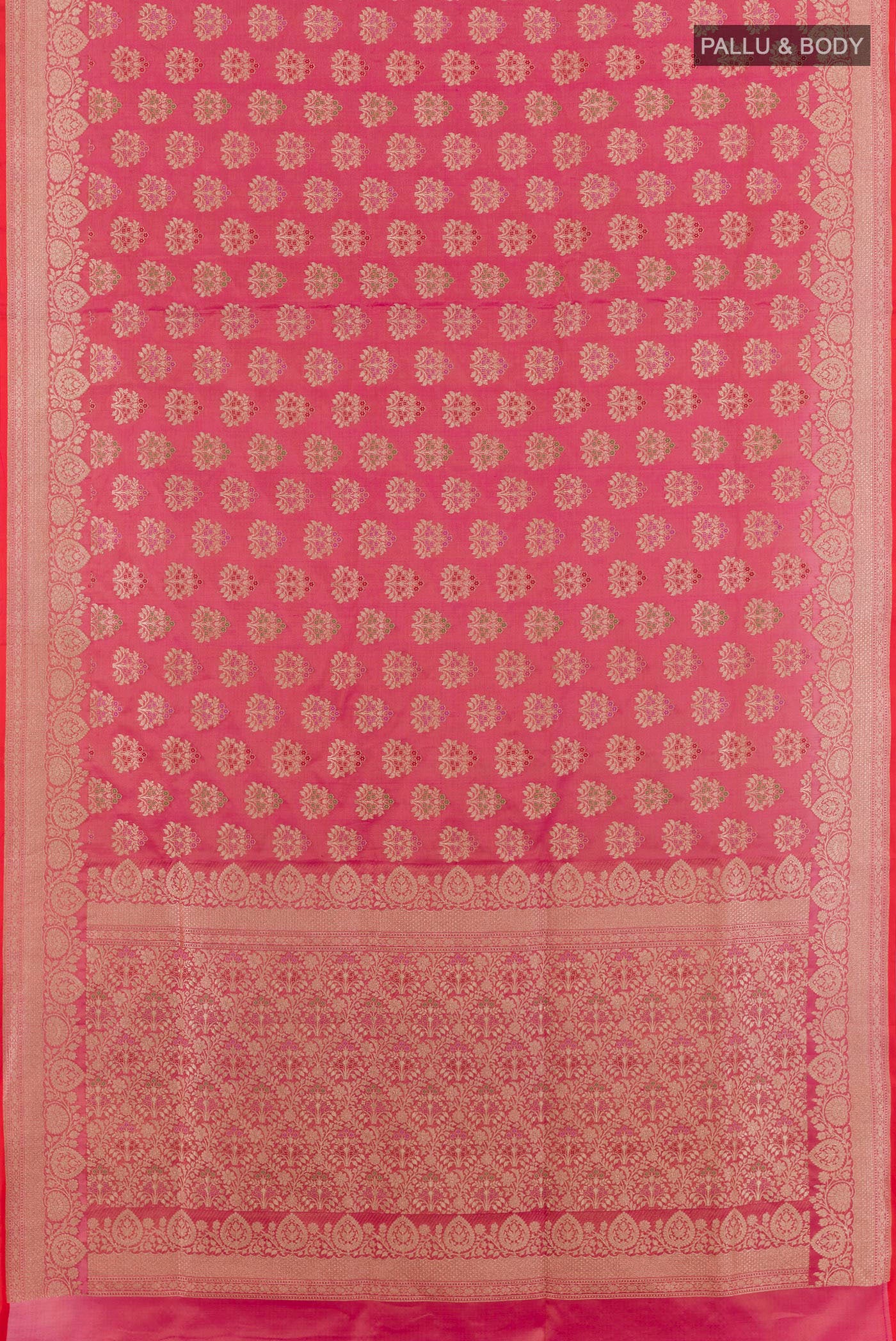 Flat view of Pink Banarasi Silk Saree with Zari Brocade on the body and Zari Border. 