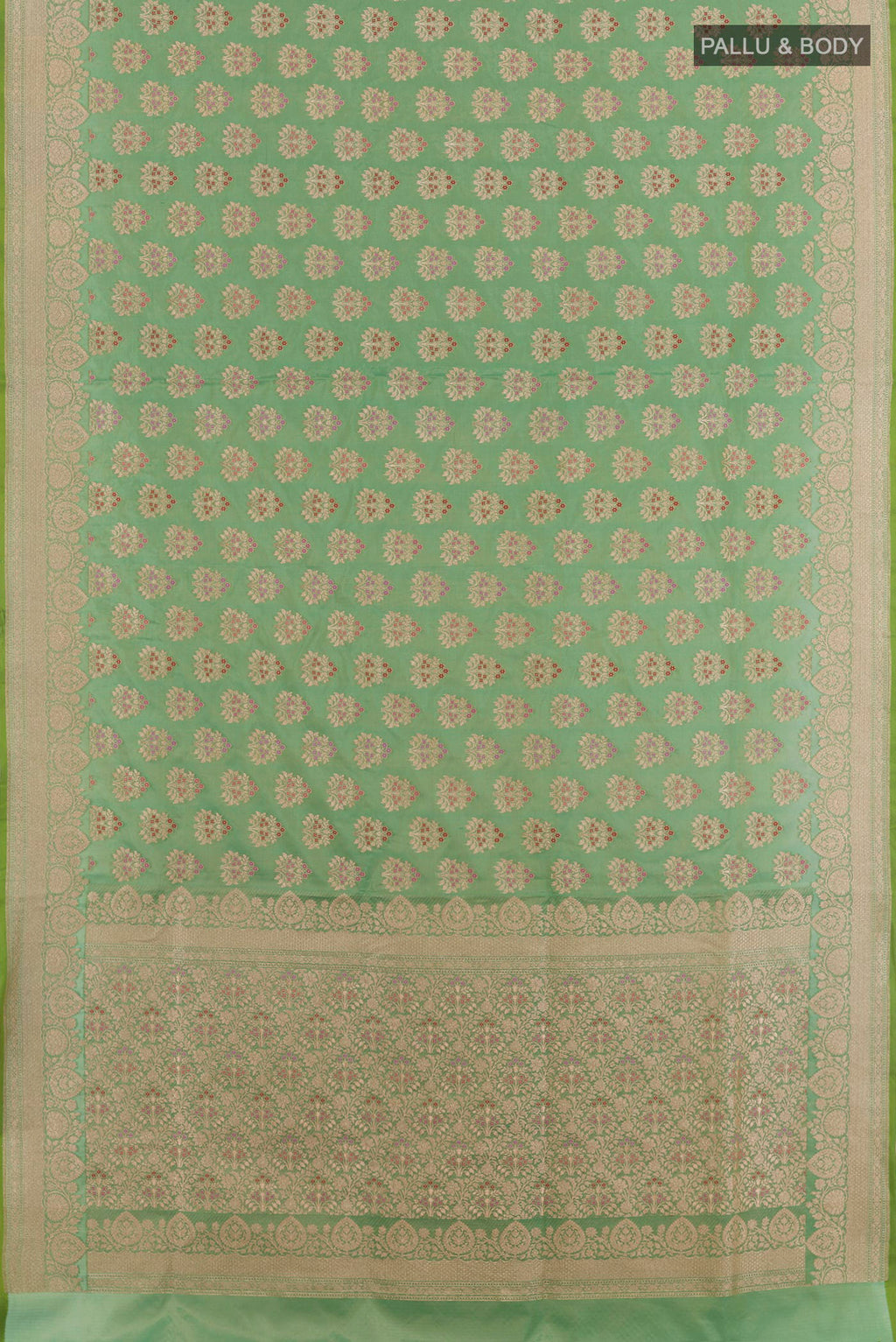 Flat view of Green Banarasi Silk Saree with Zari Brocade on the body and Zari Border. 