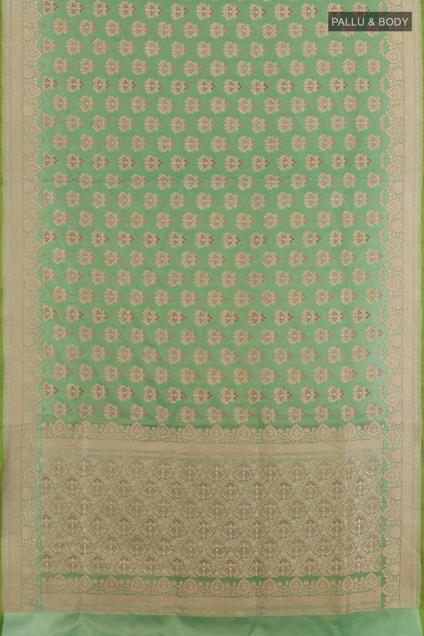Flat view of Green Banarasi Silk Saree with Zari Brocade on the body and Zari Border. 