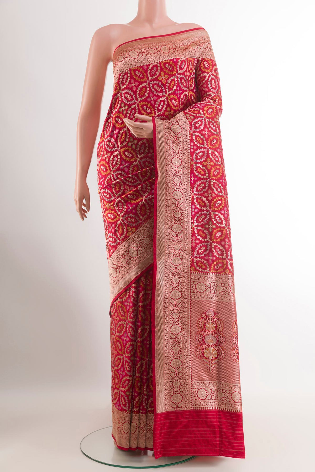 Red Banarasi Silk Saree with Zari Brocade on the body and Zari Border.  displayed on a mannequin