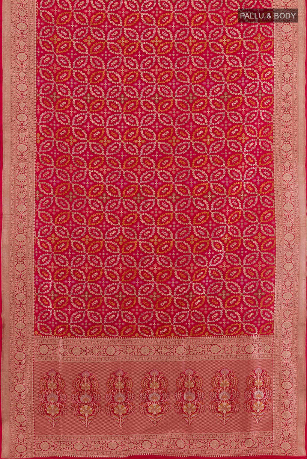Flat view of Red Banarasi Silk Saree with Zari Brocade on the body and Zari Border. 