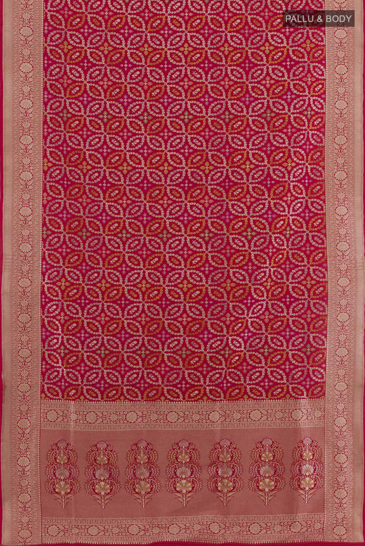 Flat view of Red Banarasi Silk Saree with Zari Brocade on the body and Zari Border. 