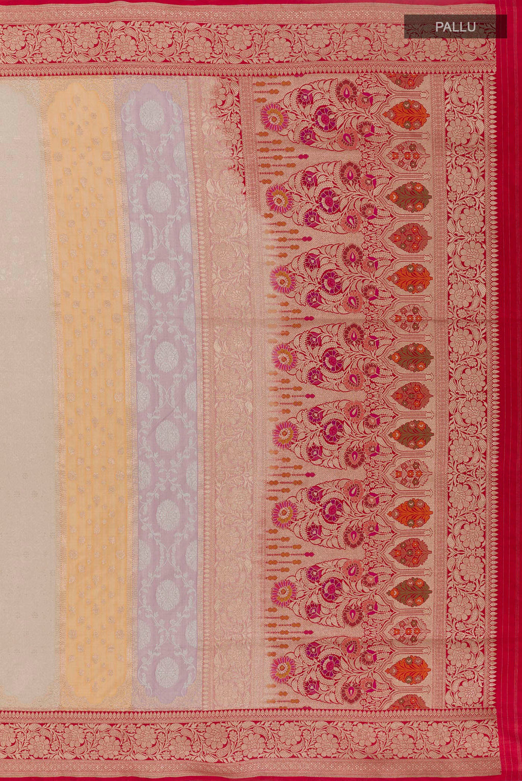 Close up image of the pallu of Multi Color Banarasi Silk Saree with Zari Brocade on the body and Zari Border. 