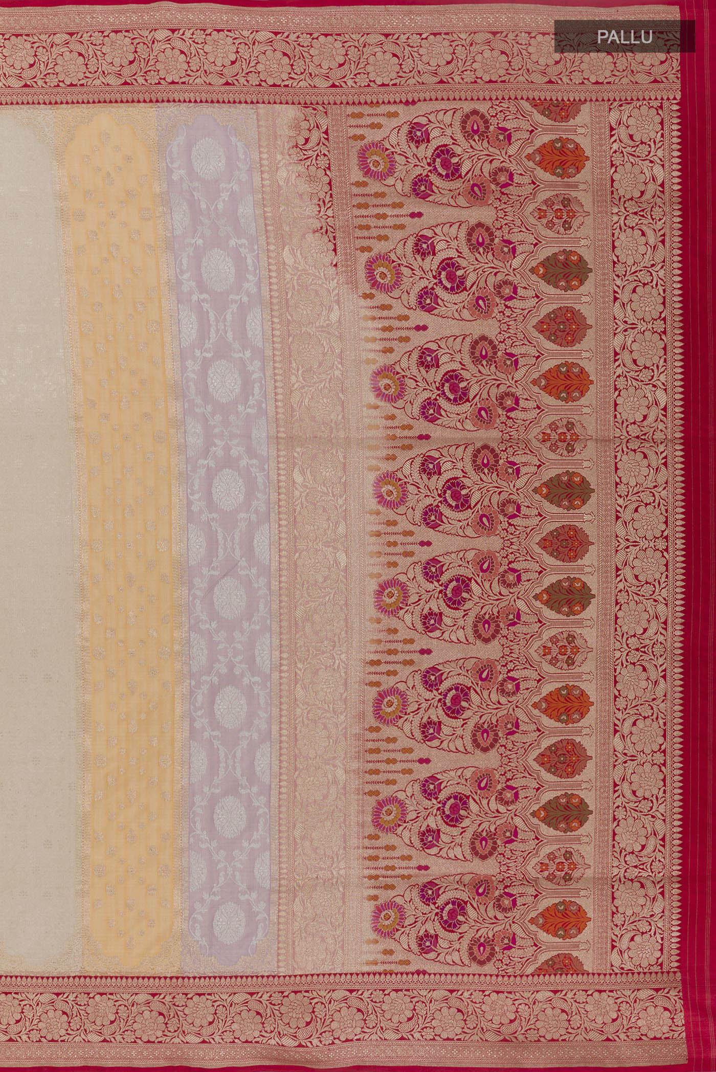 Close up image of the pallu of Multi Color Banarasi Silk Saree with Zari Brocade on the body and Zari Border. 