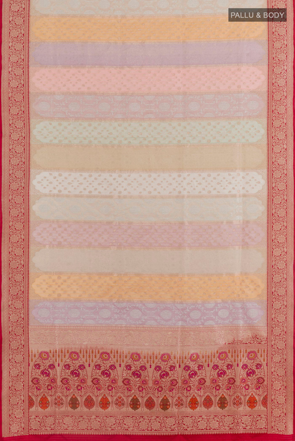 Flat view of Multi Color Banarasi Silk Saree with Zari Brocade on the body and Zari Border. 