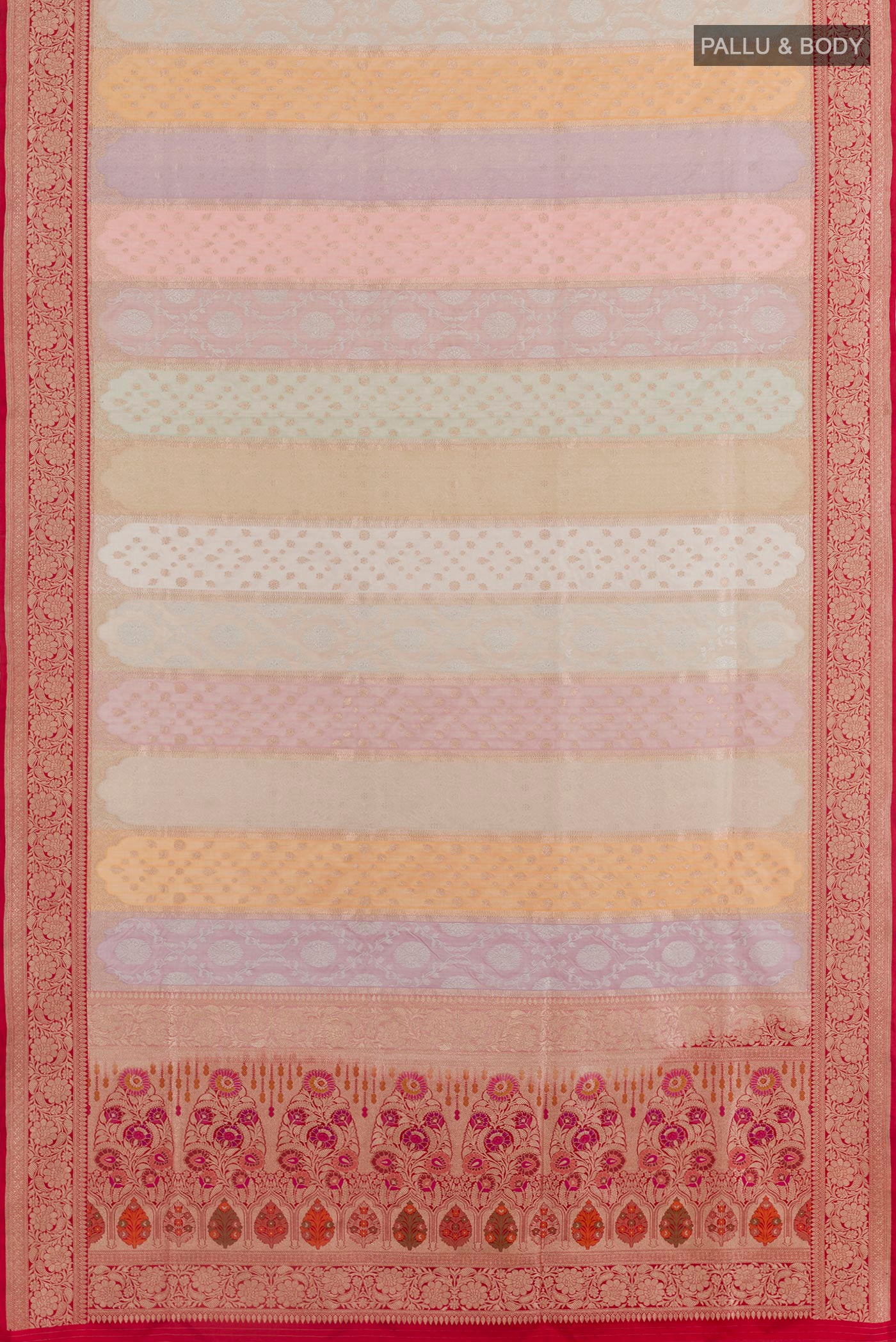 Flat view of Multi Color Banarasi Silk Saree with Zari Brocade on the body and Zari Border. 
