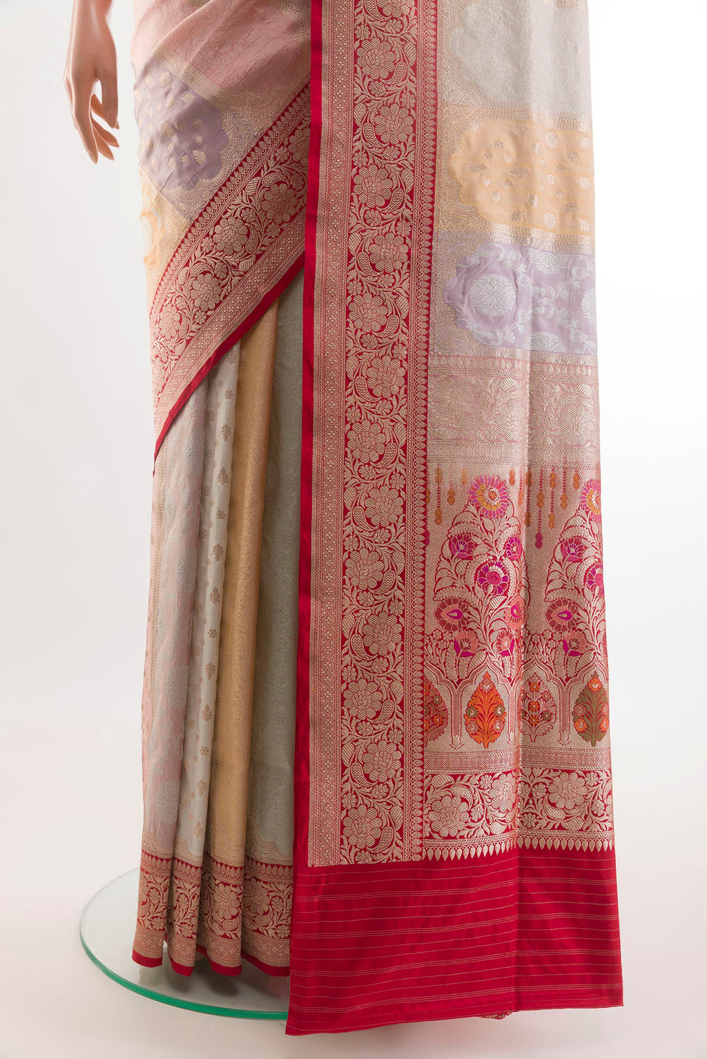 Pleats and pallu of Multi Color Banarasi Silk Saree with Zari Brocade on the body and Zari Border. 