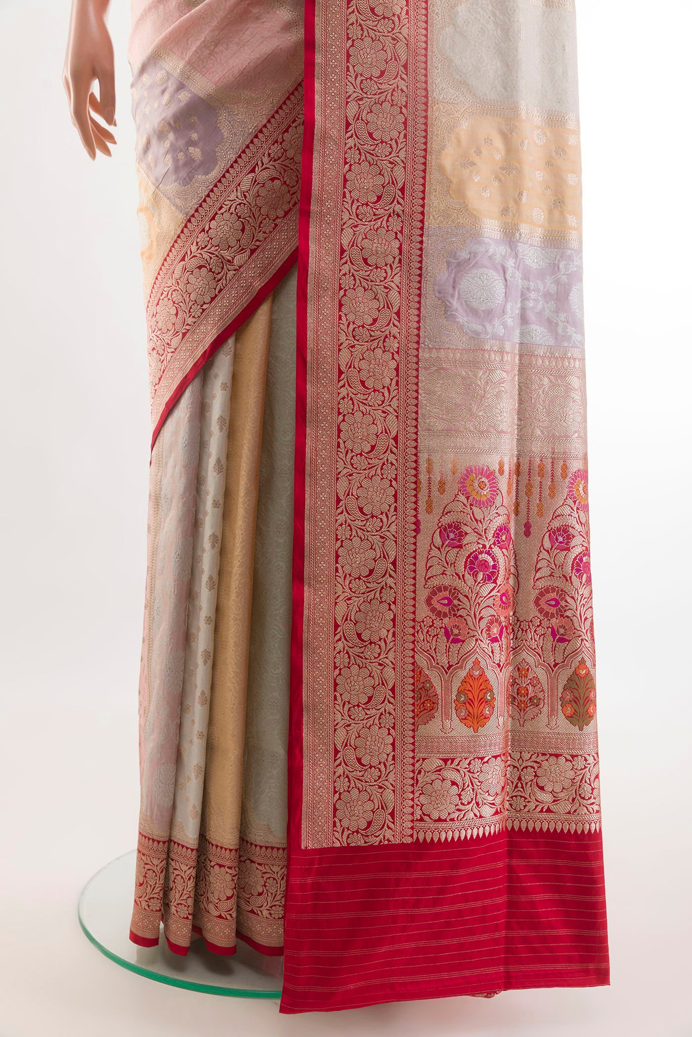 Pleats and pallu of Multi Color Banarasi Silk Saree with Zari Brocade on the body and Zari Border. 