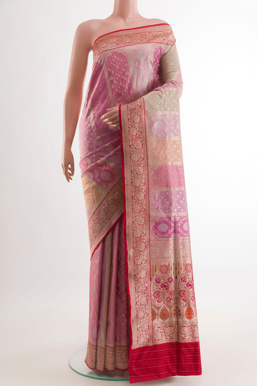 Multi Color Banarasi Silk Saree with Zari Brocade on the body and Zari Border.  displayed on a mannequin