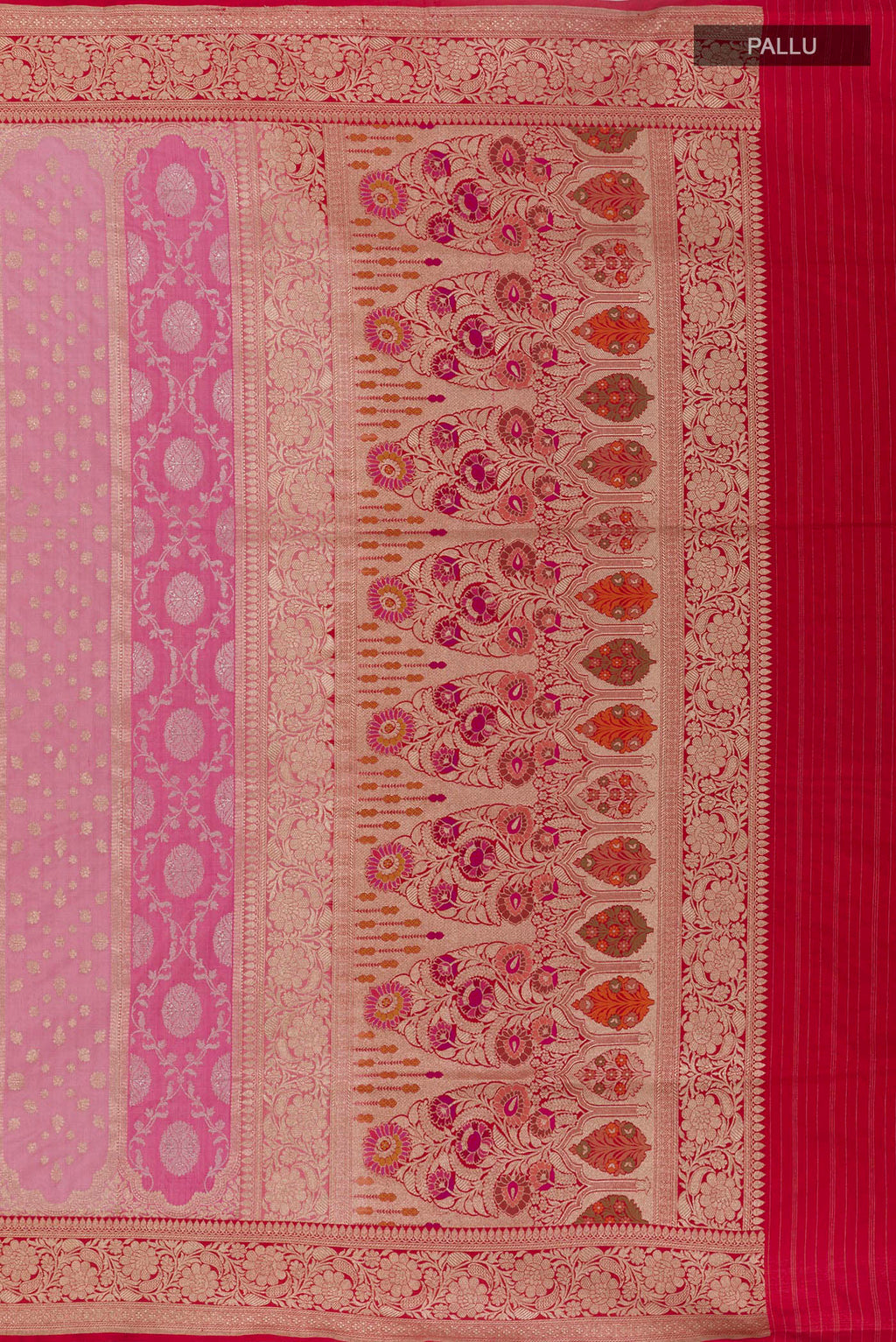 Close up image of the pallu of Multi Color Banarasi Silk Saree with Zari Brocade on the body and Zari Border. 