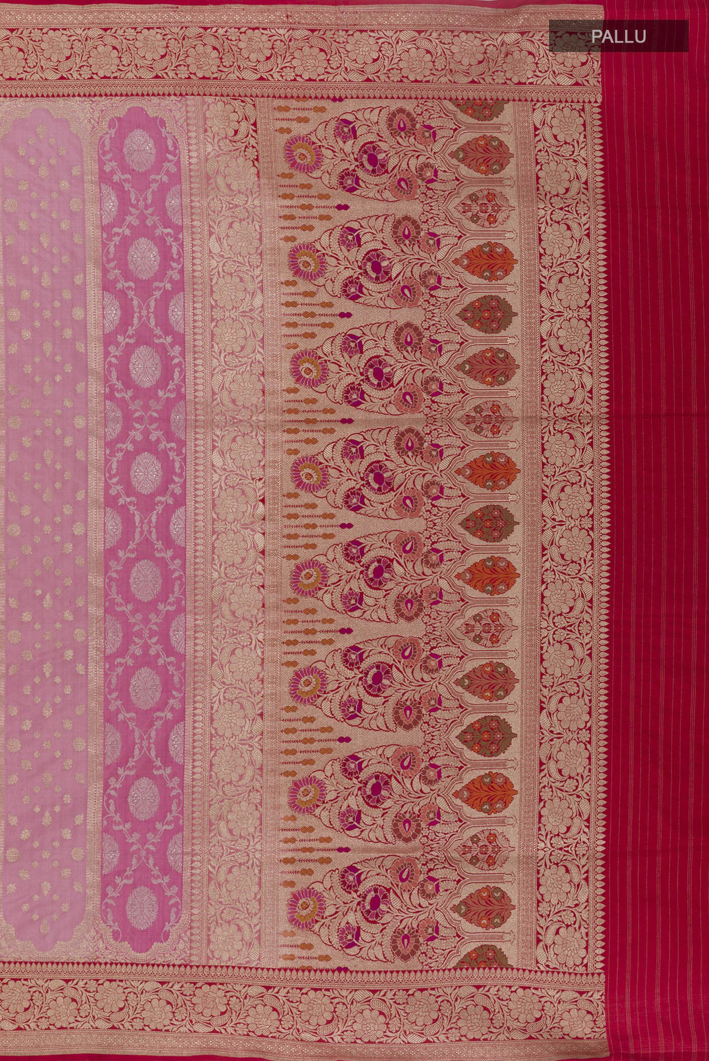 Close up image of the pallu of Multi Color Banarasi Silk Saree with Zari Brocade on the body and Zari Border. 