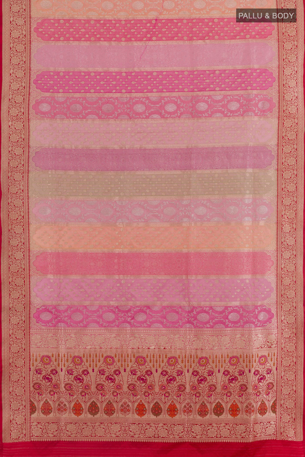Flat view of Multi Color Banarasi Silk Saree with Zari Brocade on the body and Zari Border. 