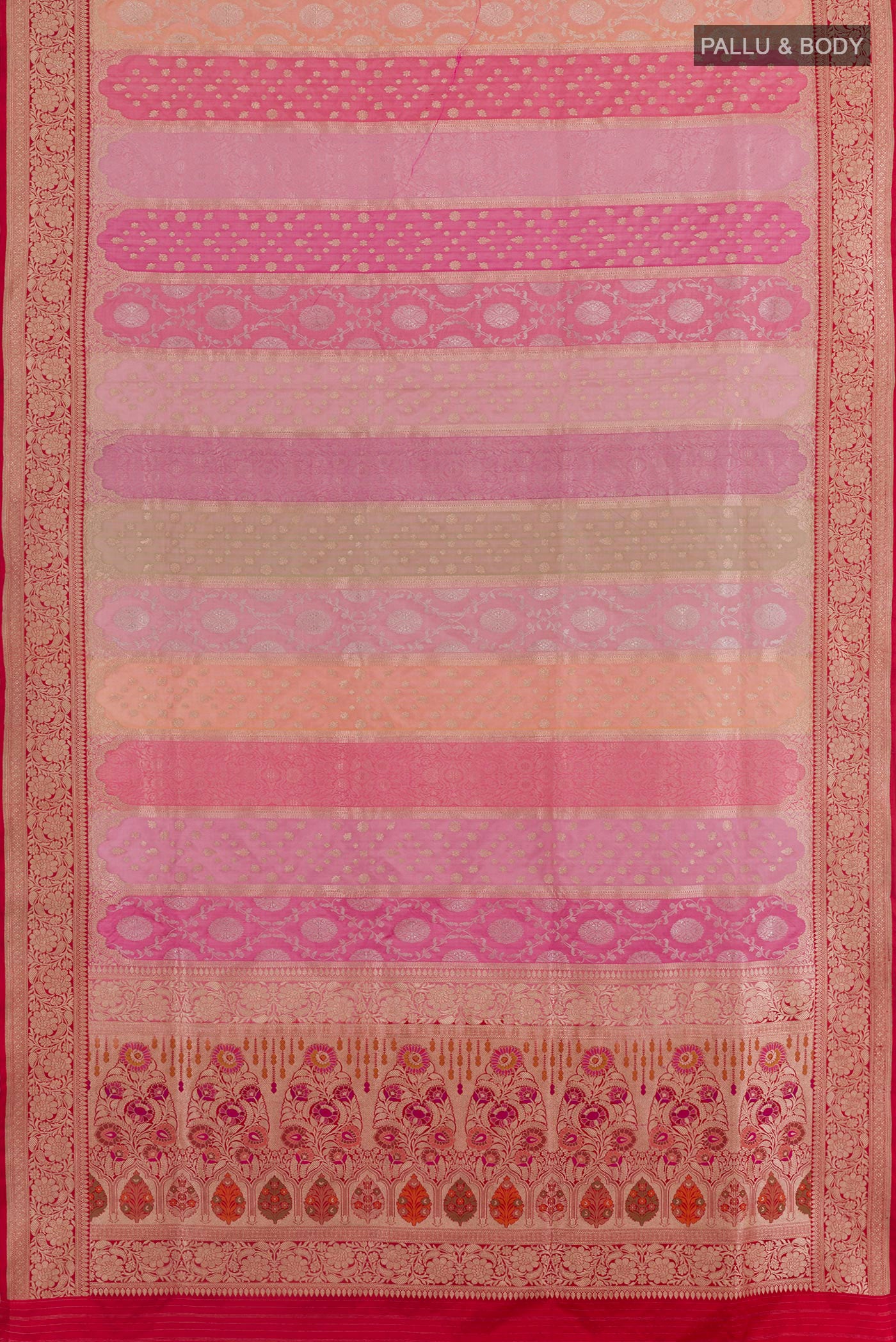 Flat view of Multi Color Banarasi Silk Saree with Zari Brocade on the body and Zari Border. 
