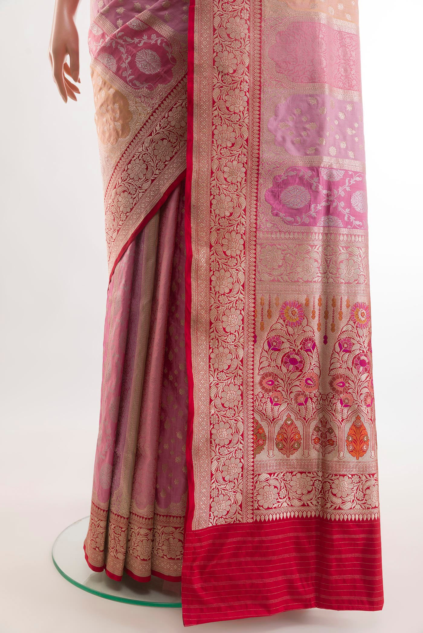 Pleats and pallu of Multi Color Banarasi Silk Saree with Zari Brocade on the body and Zari Border. 