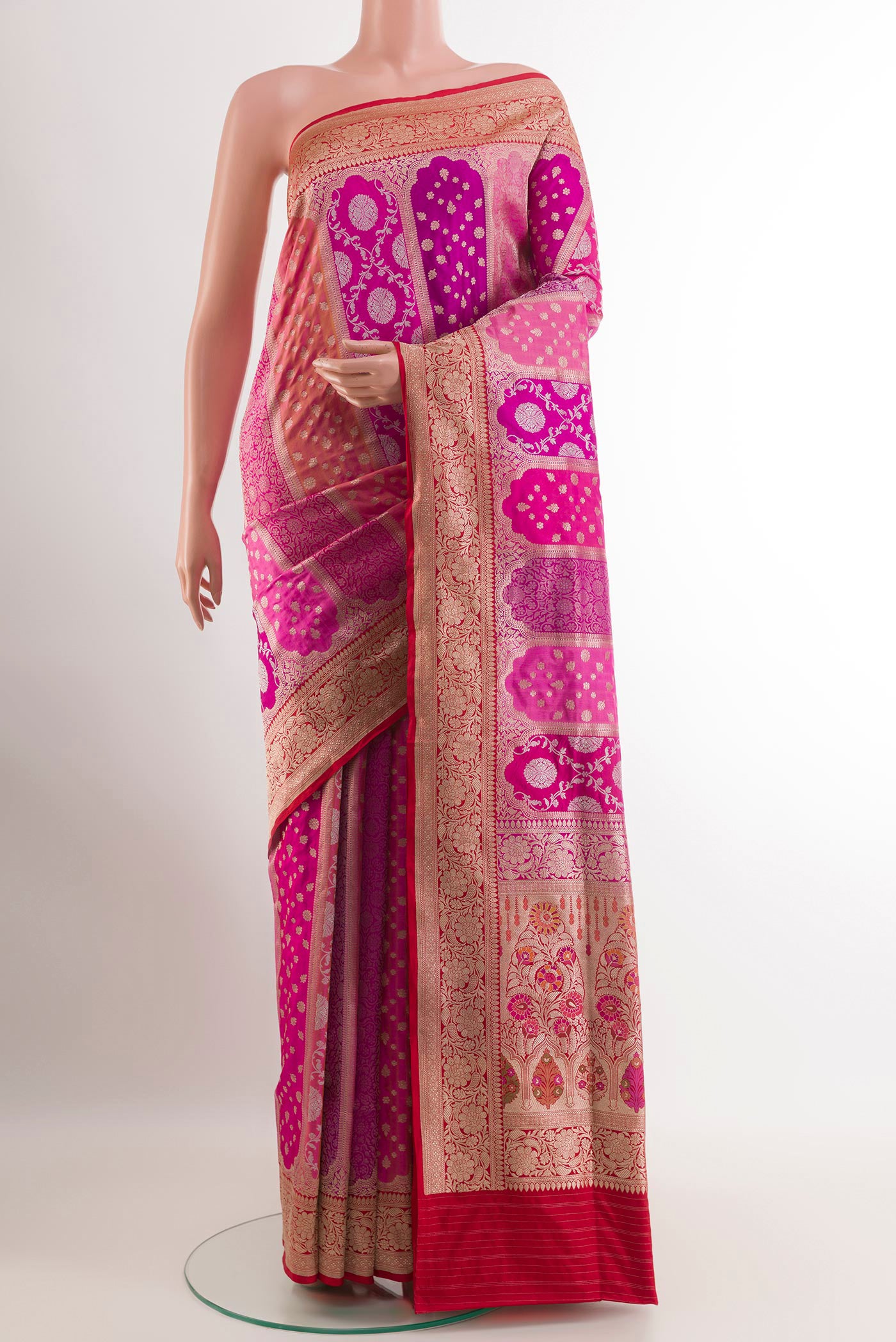 Pink Banarasi Silk Saree with Zari Brocade on the body and Zari Border.  displayed on a mannequin