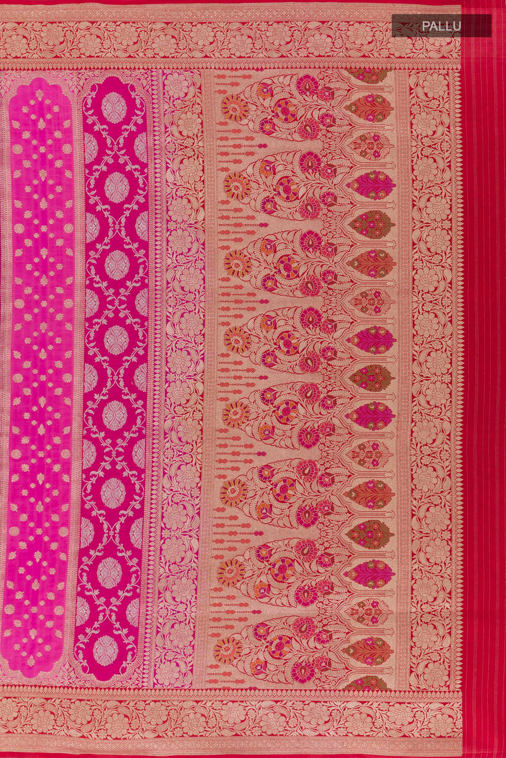 Close up image of the pallu of Pink Banarasi Silk Saree with Zari Brocade on the body and Zari Border. 