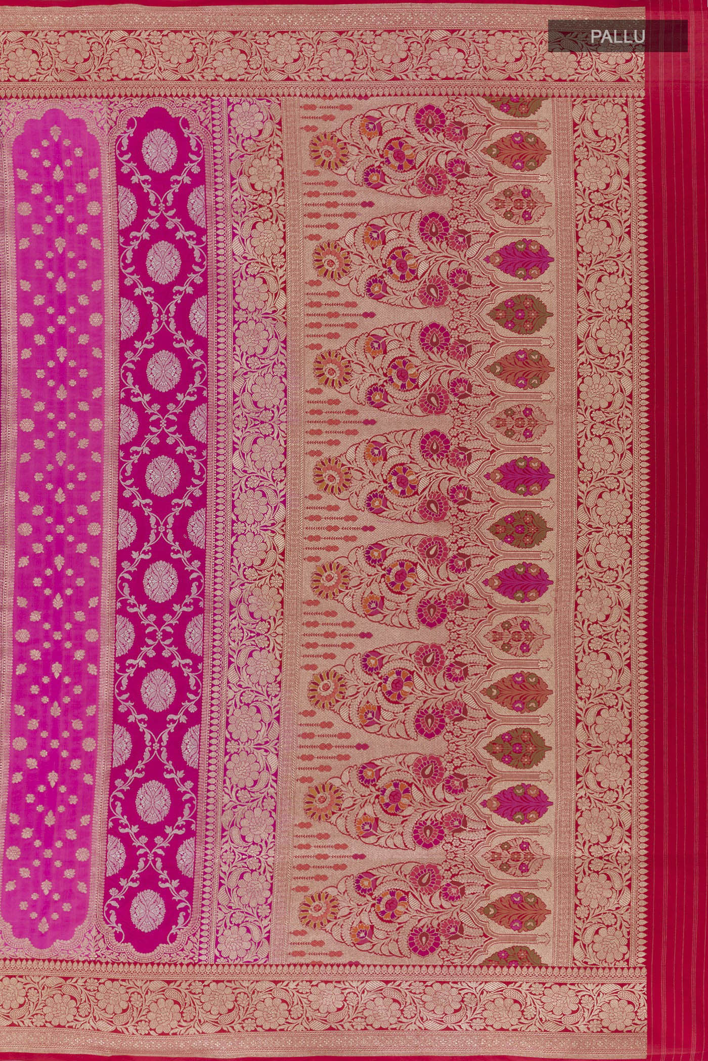 Close up image of the pallu of Pink Banarasi Silk Saree with Zari Brocade on the body and Zari Border. 
