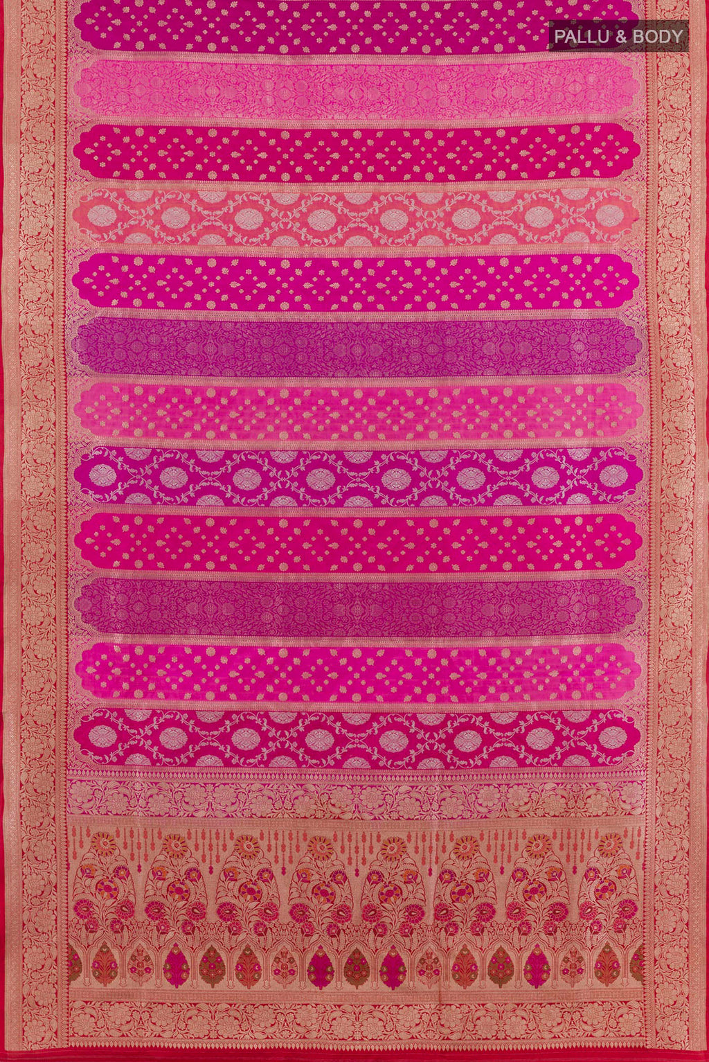 Flat view of Pink Banarasi Silk Saree with Zari Brocade on the body and Zari Border. 