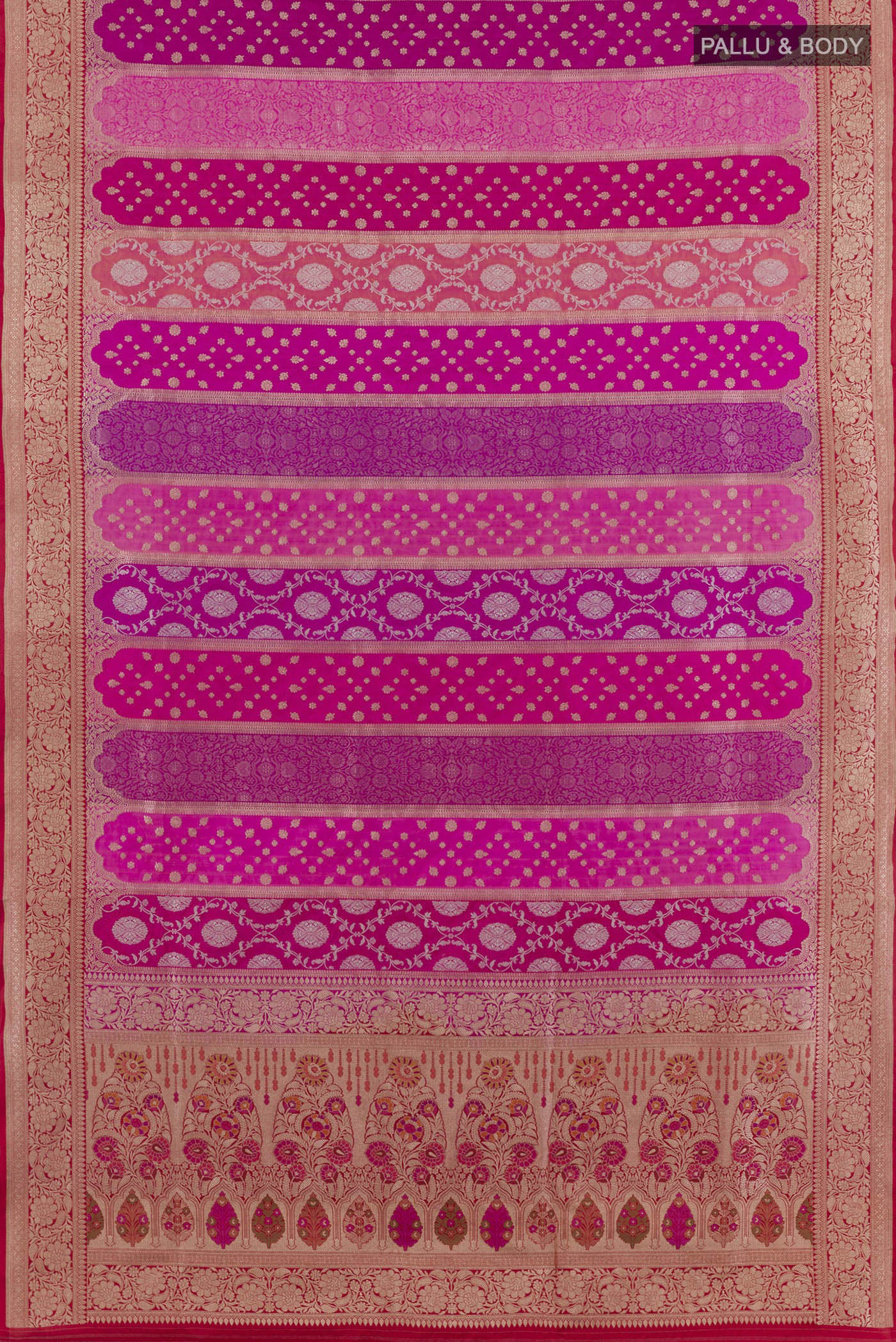 Flat view of Pink Banarasi Silk Saree with Zari Brocade on the body and Zari Border. 