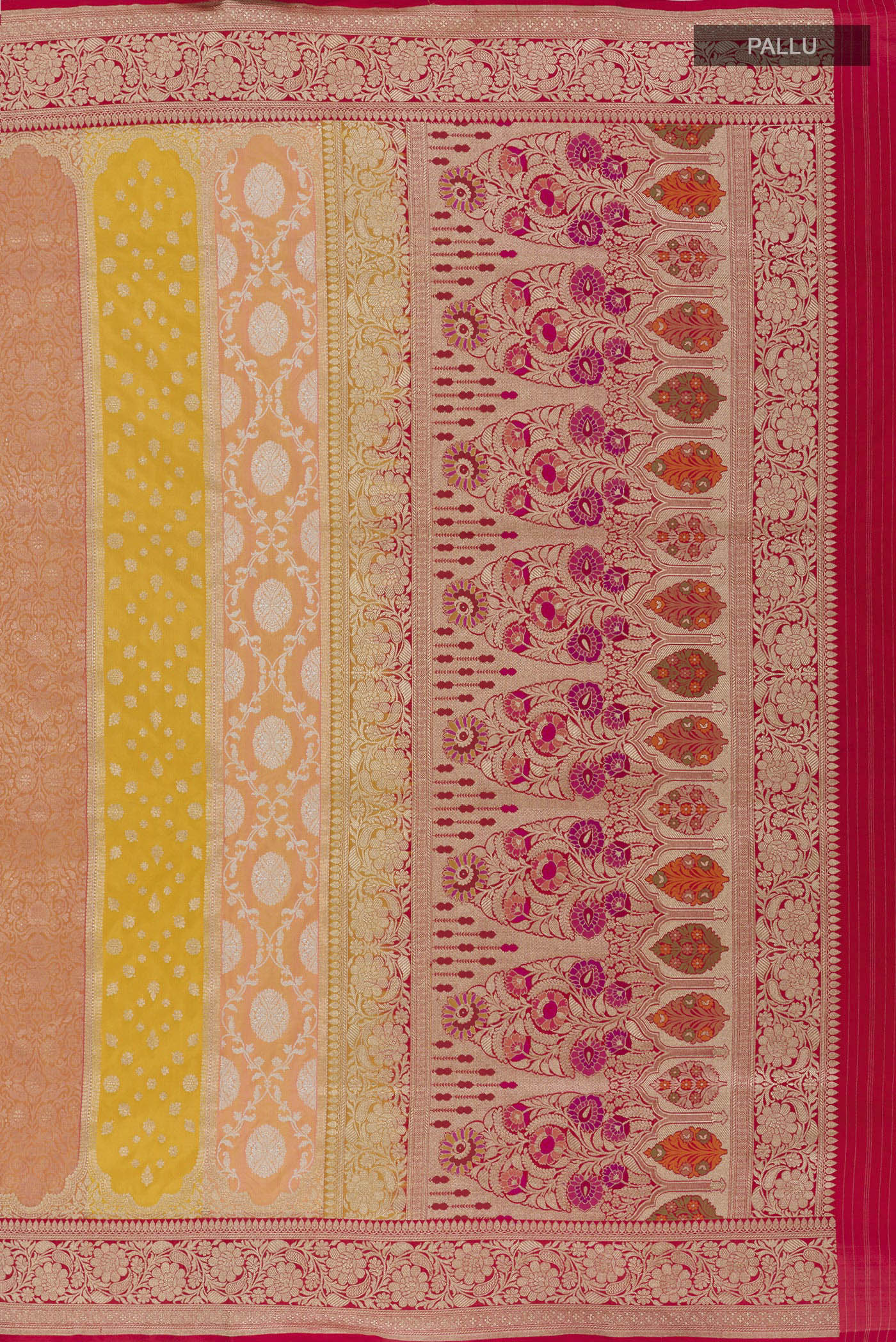 Close up image of the pallu of Multi Color Banarasi Silk Saree with Zari Brocade on the body and Zari Border. 