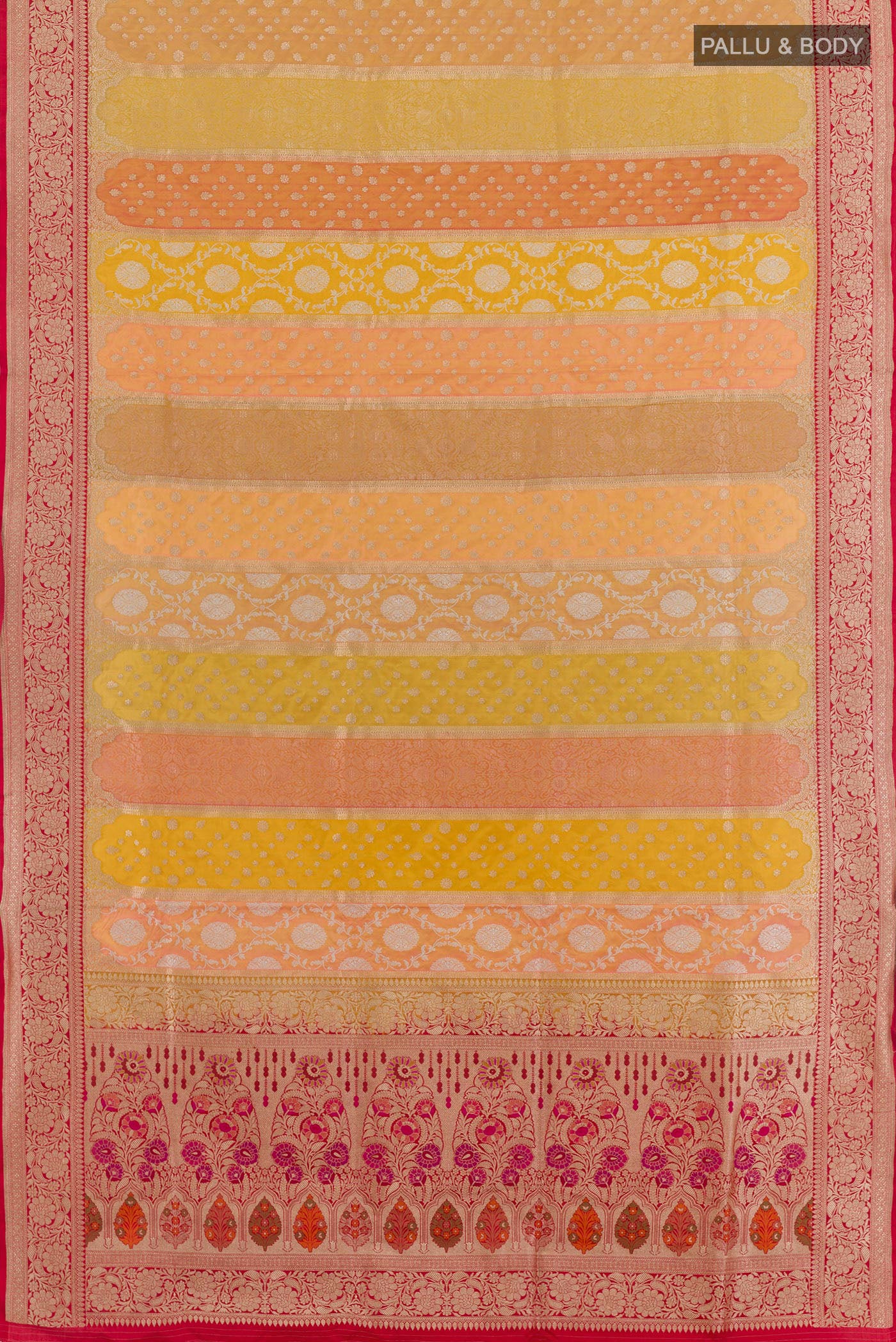 Flat view of Multi Color Banarasi Silk Saree with Zari Brocade on the body and Zari Border. 