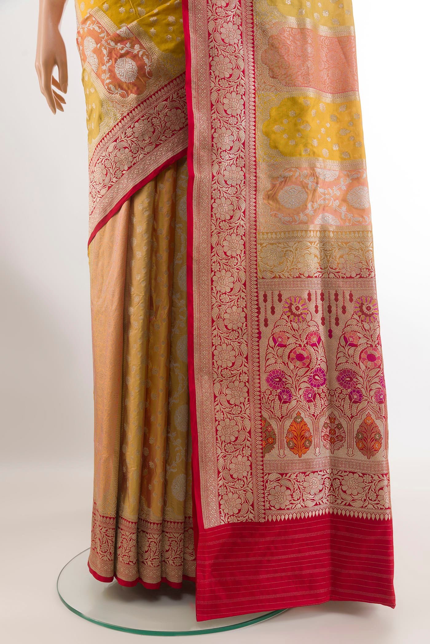 Pleats and pallu of Multi Color Banarasi Silk Saree with Zari Brocade on the body and Zari Border. 