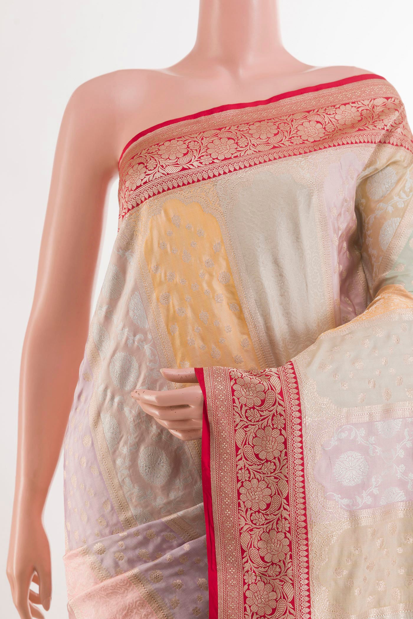 Border image of Multi Color Banarasi Silk Saree with Zari Brocade on the body and Zari Border. 