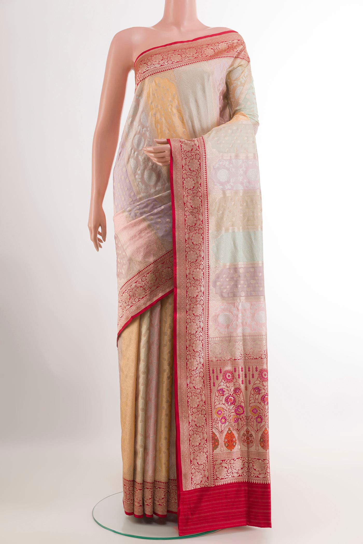 Multi Color Banarasi Silk Saree with Zari Brocade on the body and Zari Border.  displayed on a mannequin