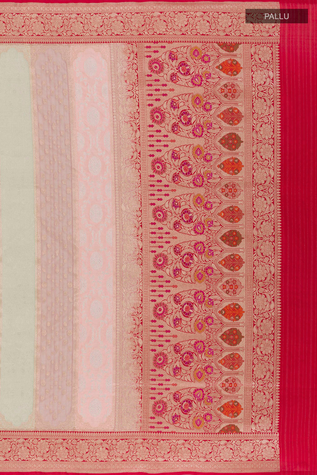Close up image of the pallu of Multi Color Banarasi Silk Saree with Zari Brocade on the body and Zari Border. 