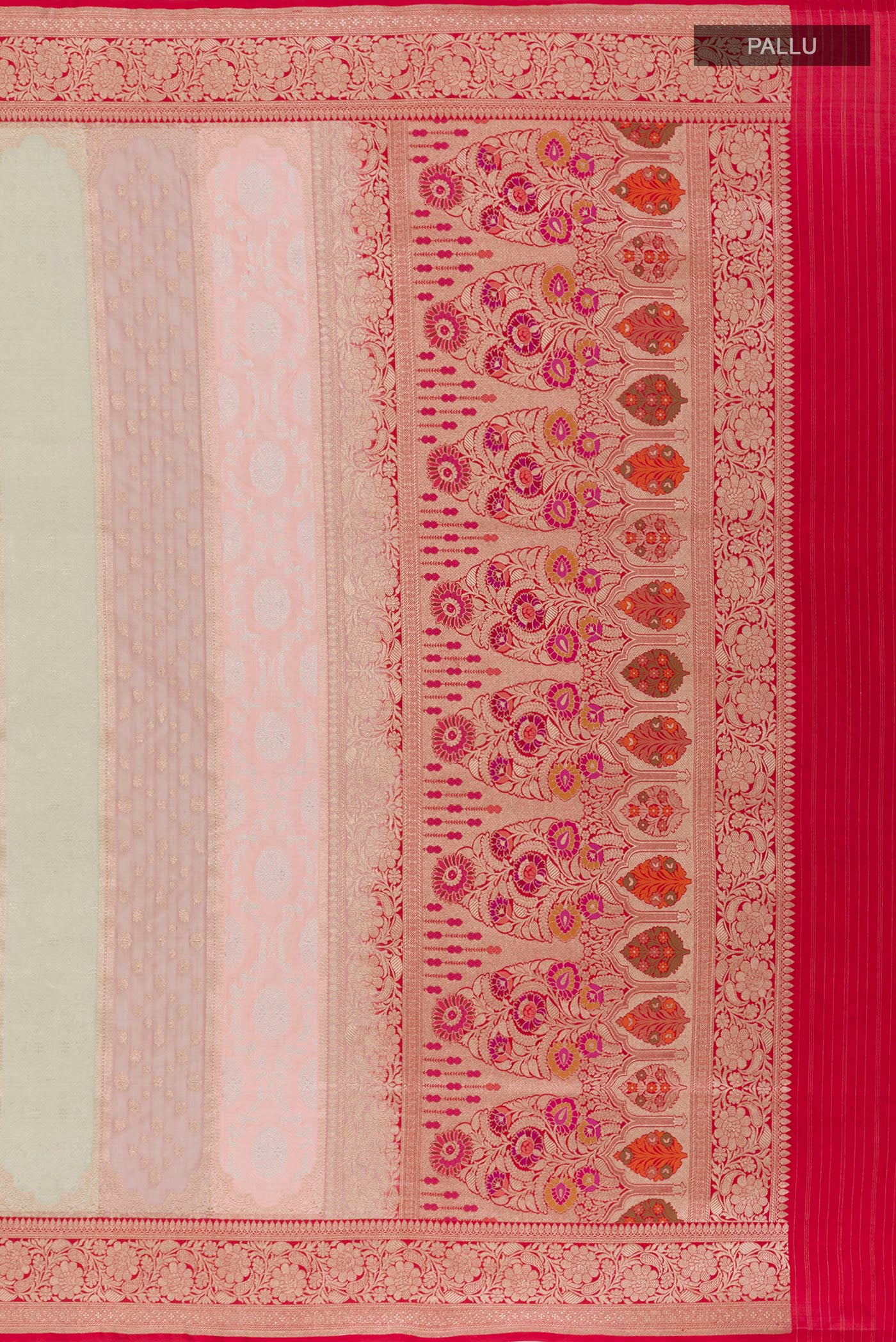 Close up image of the pallu of Multi Color Banarasi Silk Saree with Zari Brocade on the body and Zari Border. 