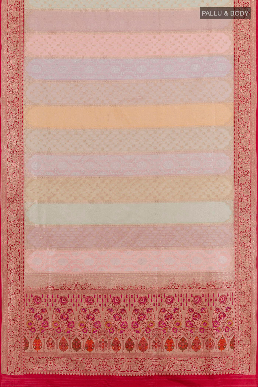 Flat view of Multi Color Banarasi Silk Saree with Zari Brocade on the body and Zari Border. 