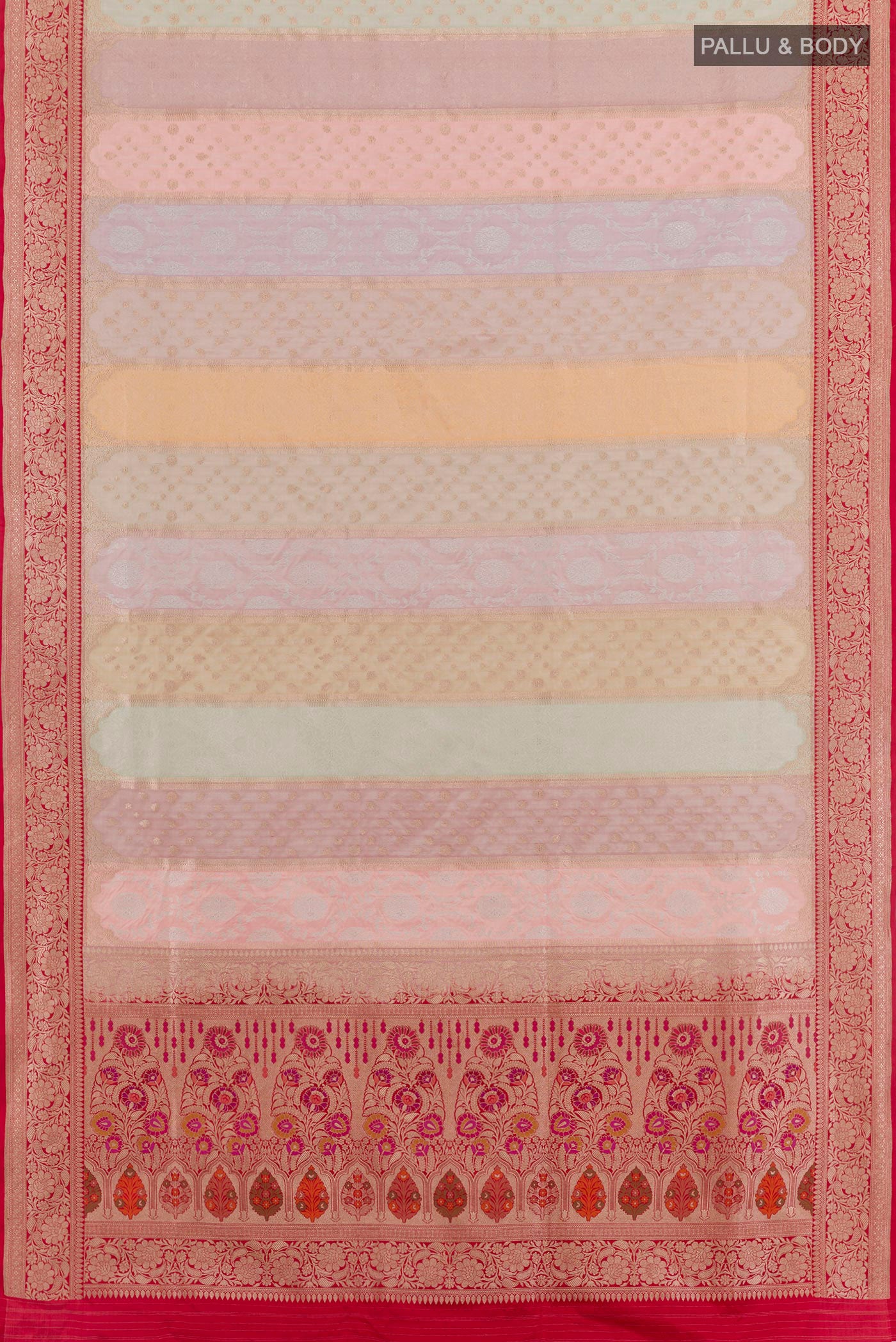 Flat view of Multi Color Banarasi Silk Saree with Zari Brocade on the body and Zari Border. 