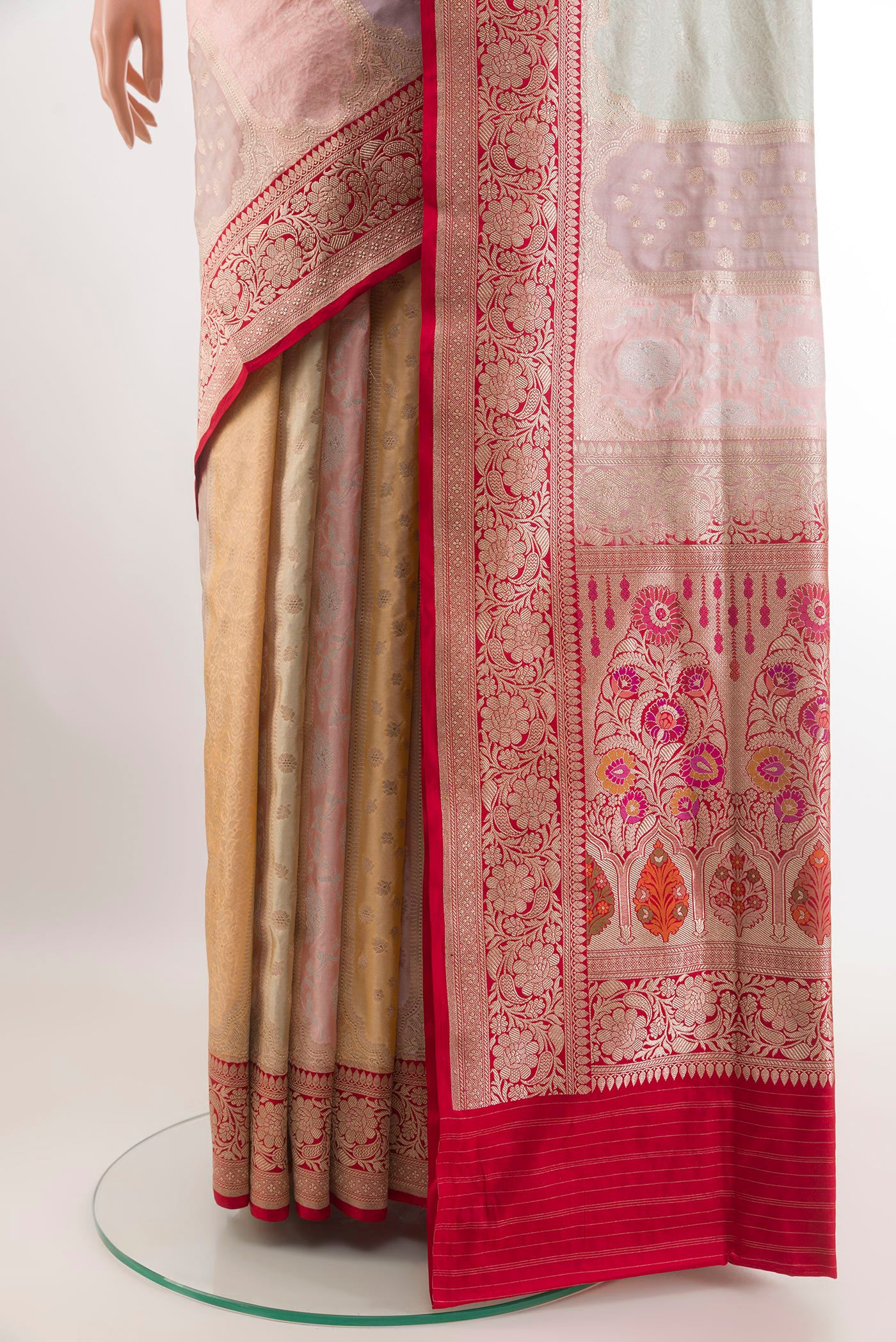Pleats and pallu of Multi Color Banarasi Silk Saree with Zari Brocade on the body and Zari Border. 