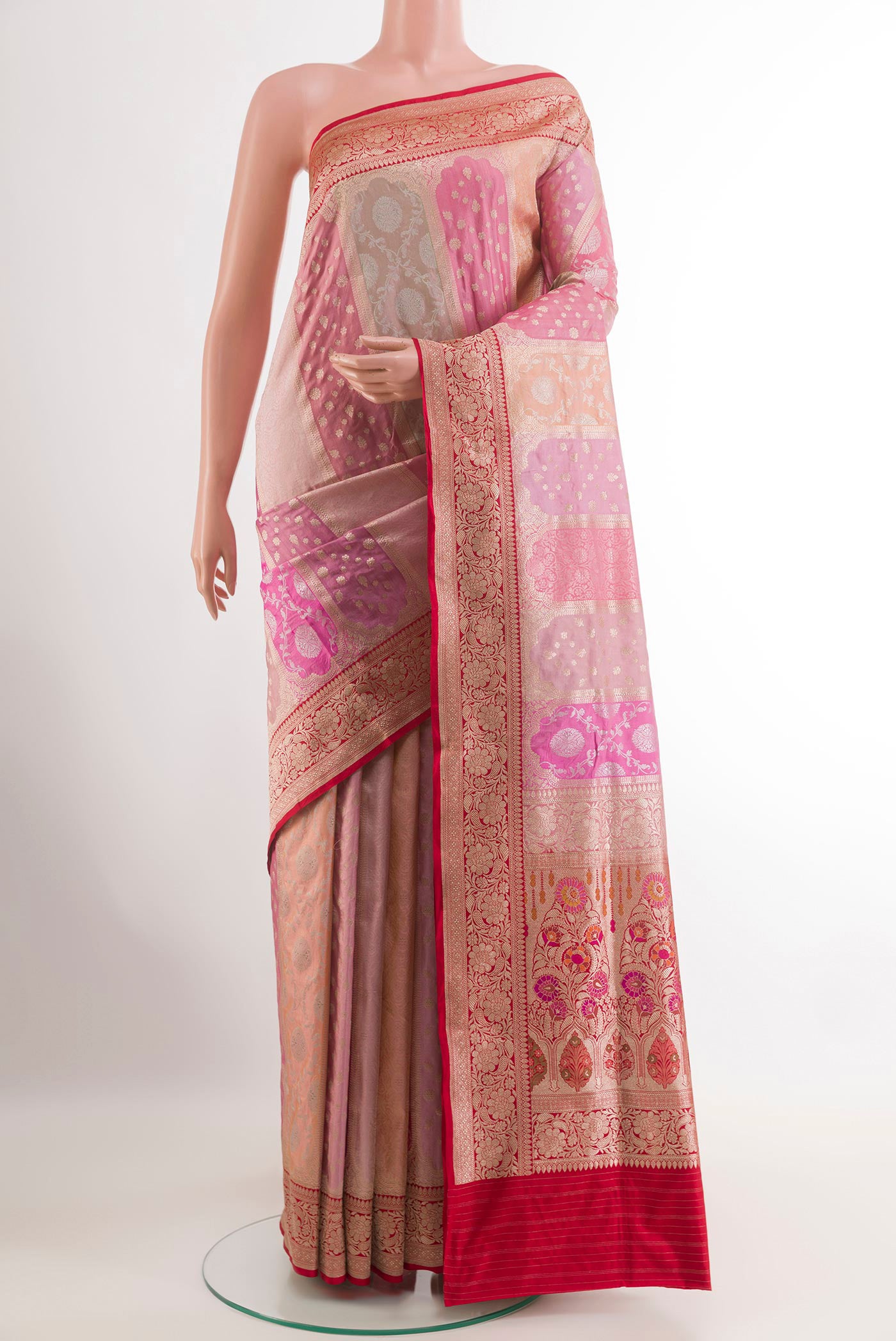 Multi Color Banarasi Silk Saree with Zari Brocade on the body and Zari Border.  displayed on a mannequin
