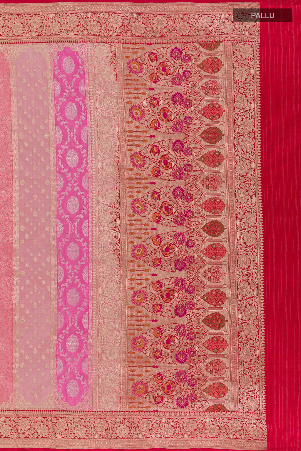 Close up image of the pallu of Multi Color Banarasi Silk Saree with Zari Brocade on the body and Zari Border. 