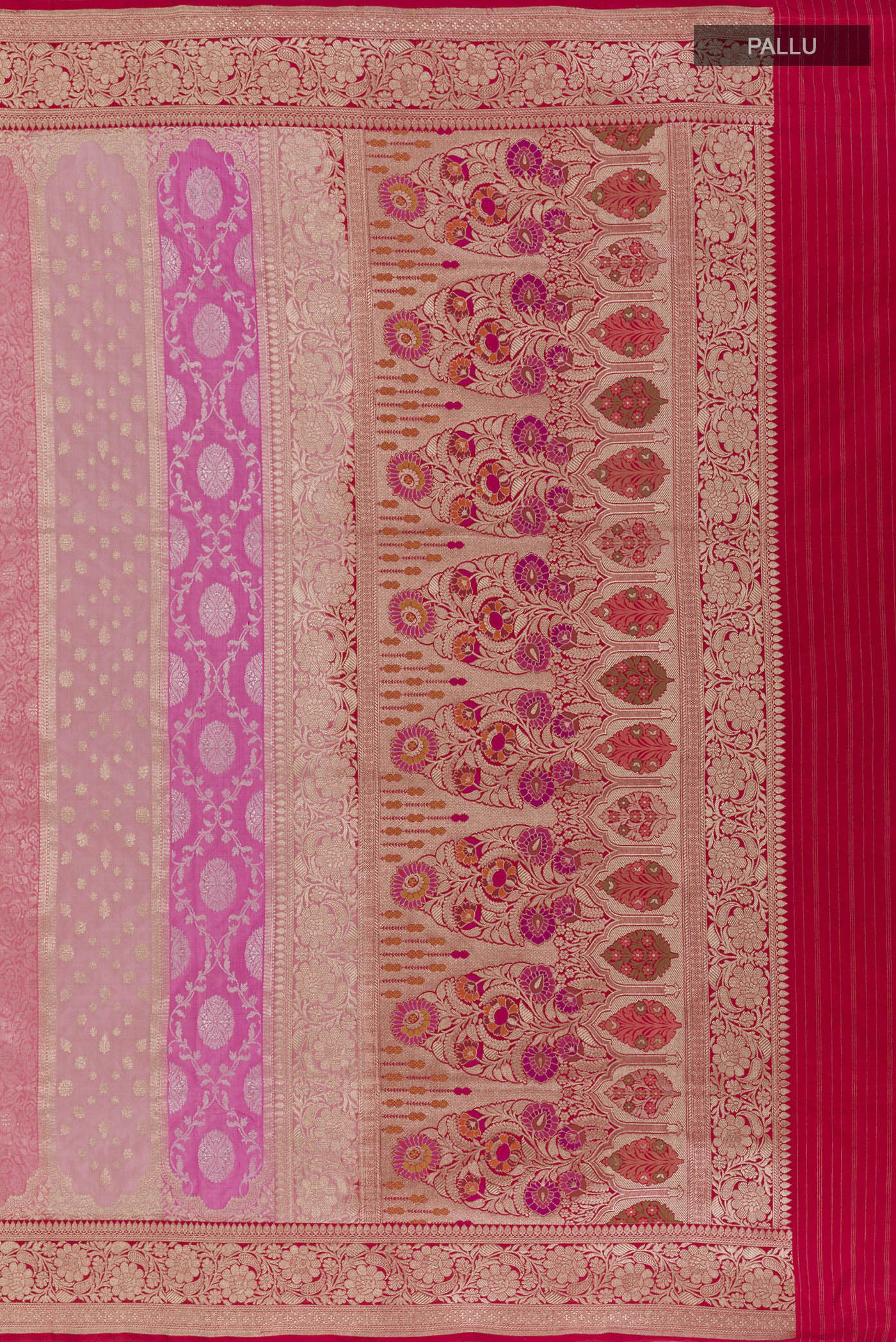 Close up image of the pallu of Multi Color Banarasi Silk Saree with Zari Brocade on the body and Zari Border. 