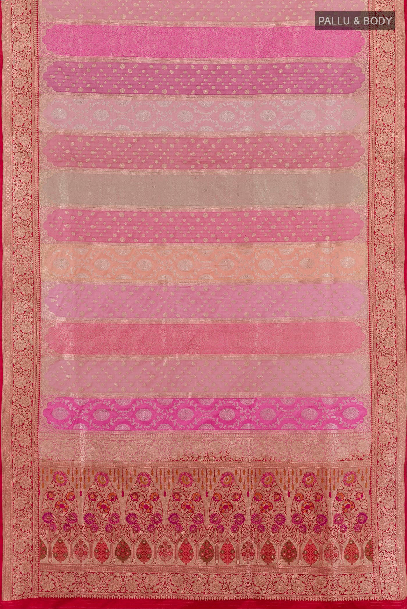 Flat view of Multi Color Banarasi Silk Saree with Zari Brocade on the body and Zari Border. 