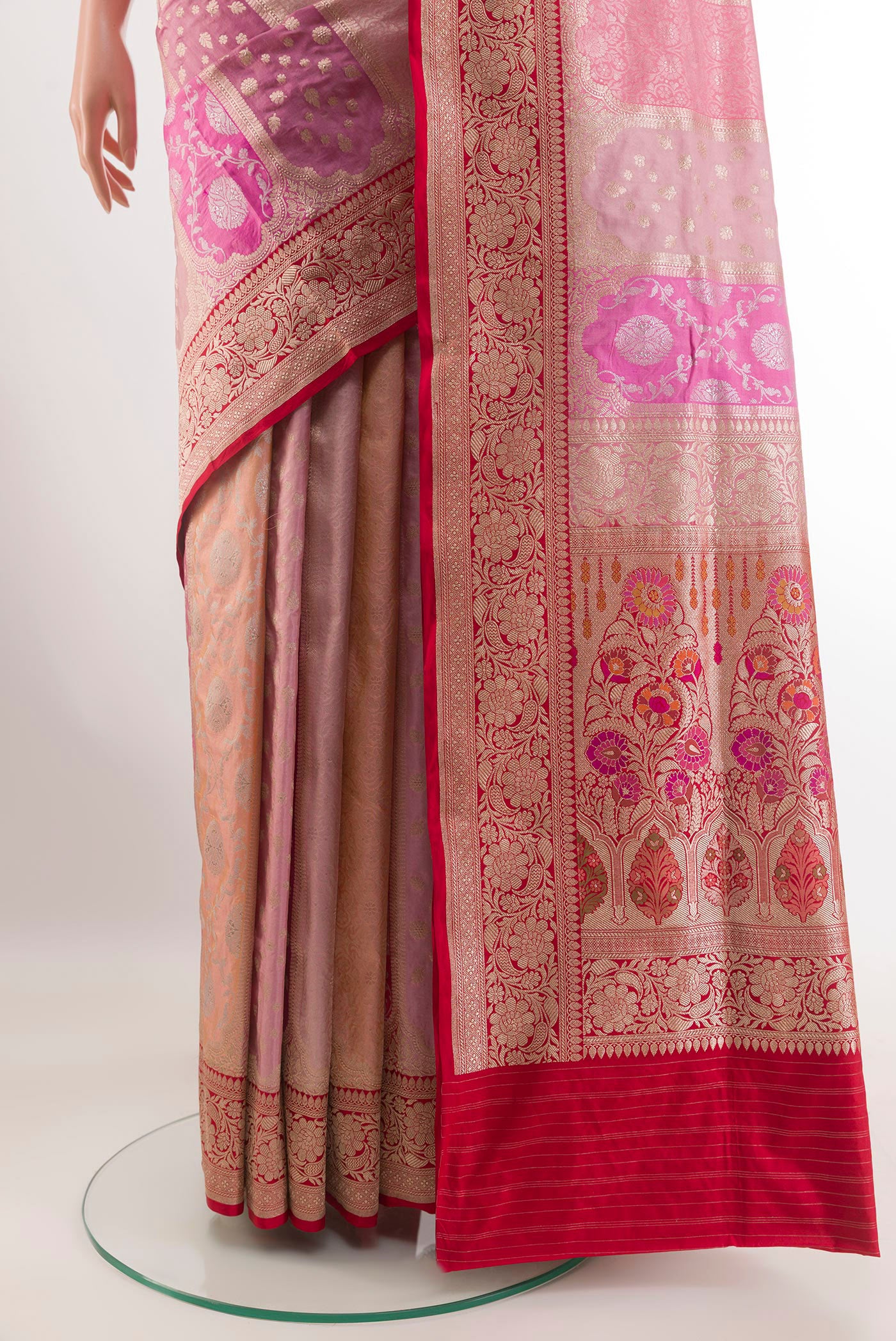 Pleats and pallu of Multi Color Banarasi Silk Saree with Zari Brocade on the body and Zari Border. 