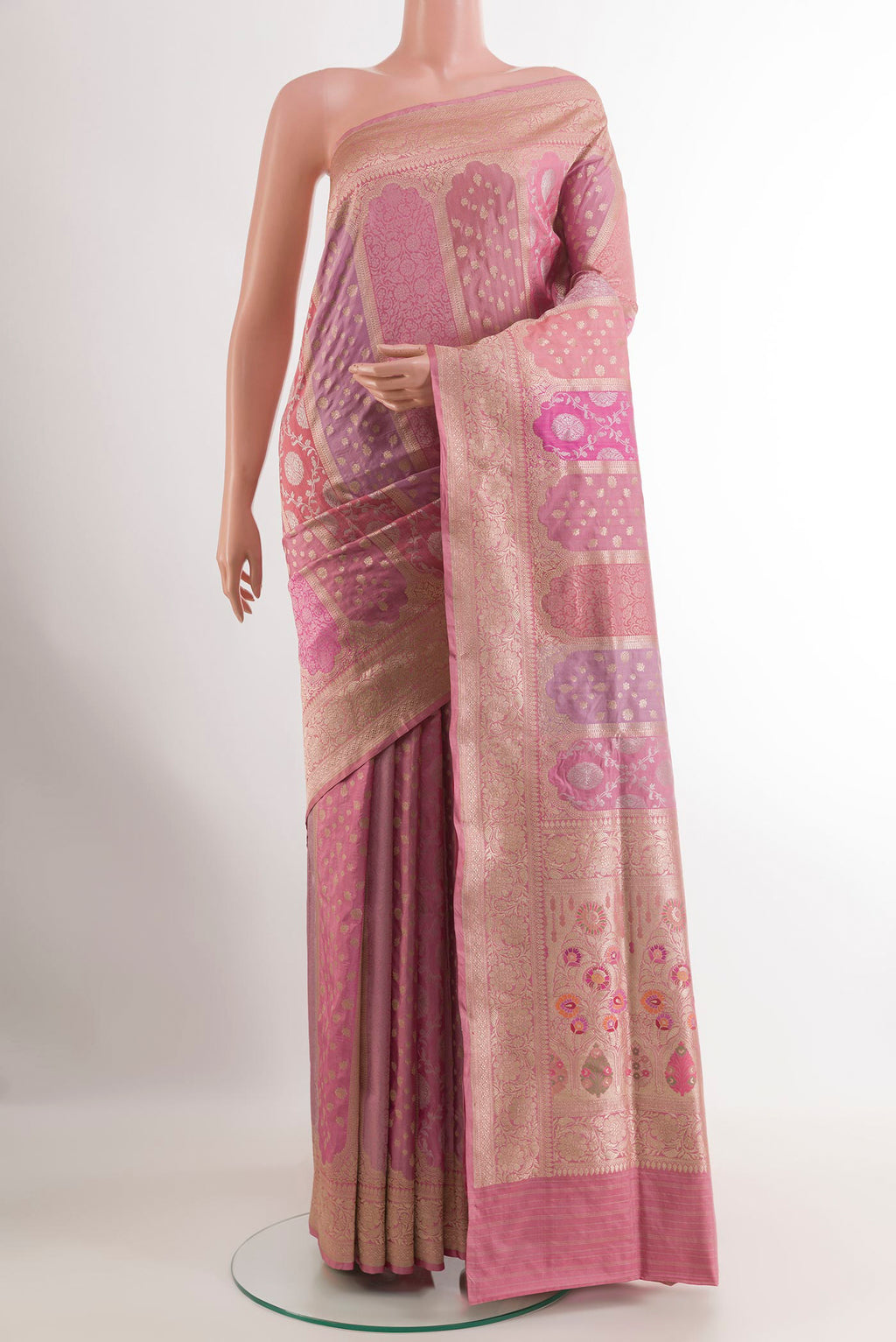 Multi Color Banarasi Silk Saree with Zari Brocade on the body and Zari Border.  displayed on a mannequin