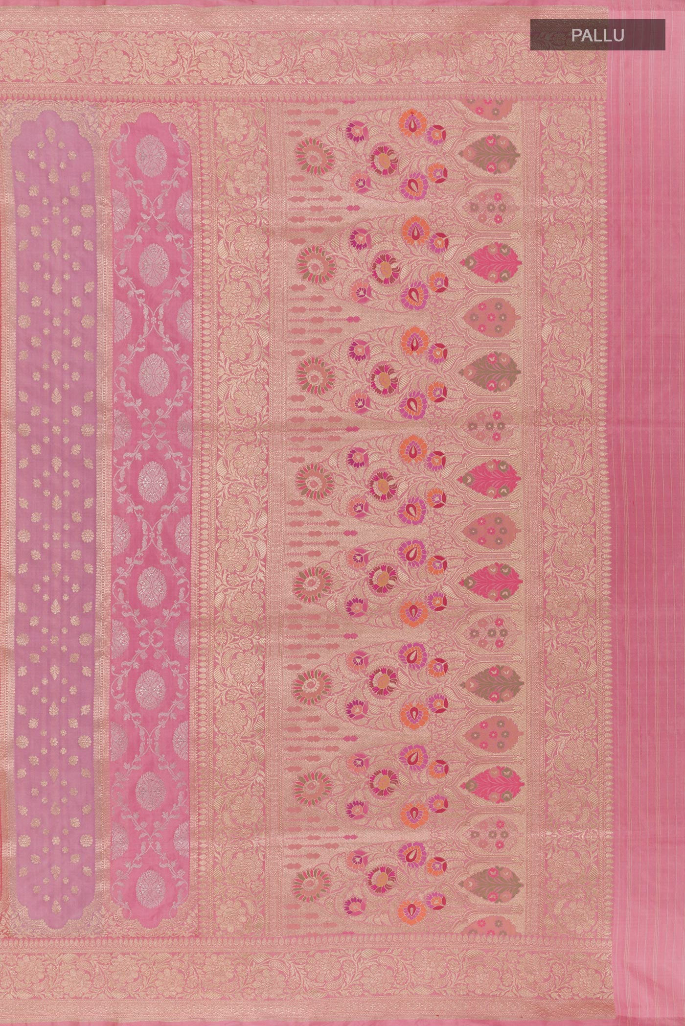 Close up image of the pallu of Multi Color Banarasi Silk Saree with Zari Brocade on the body and Zari Border. 